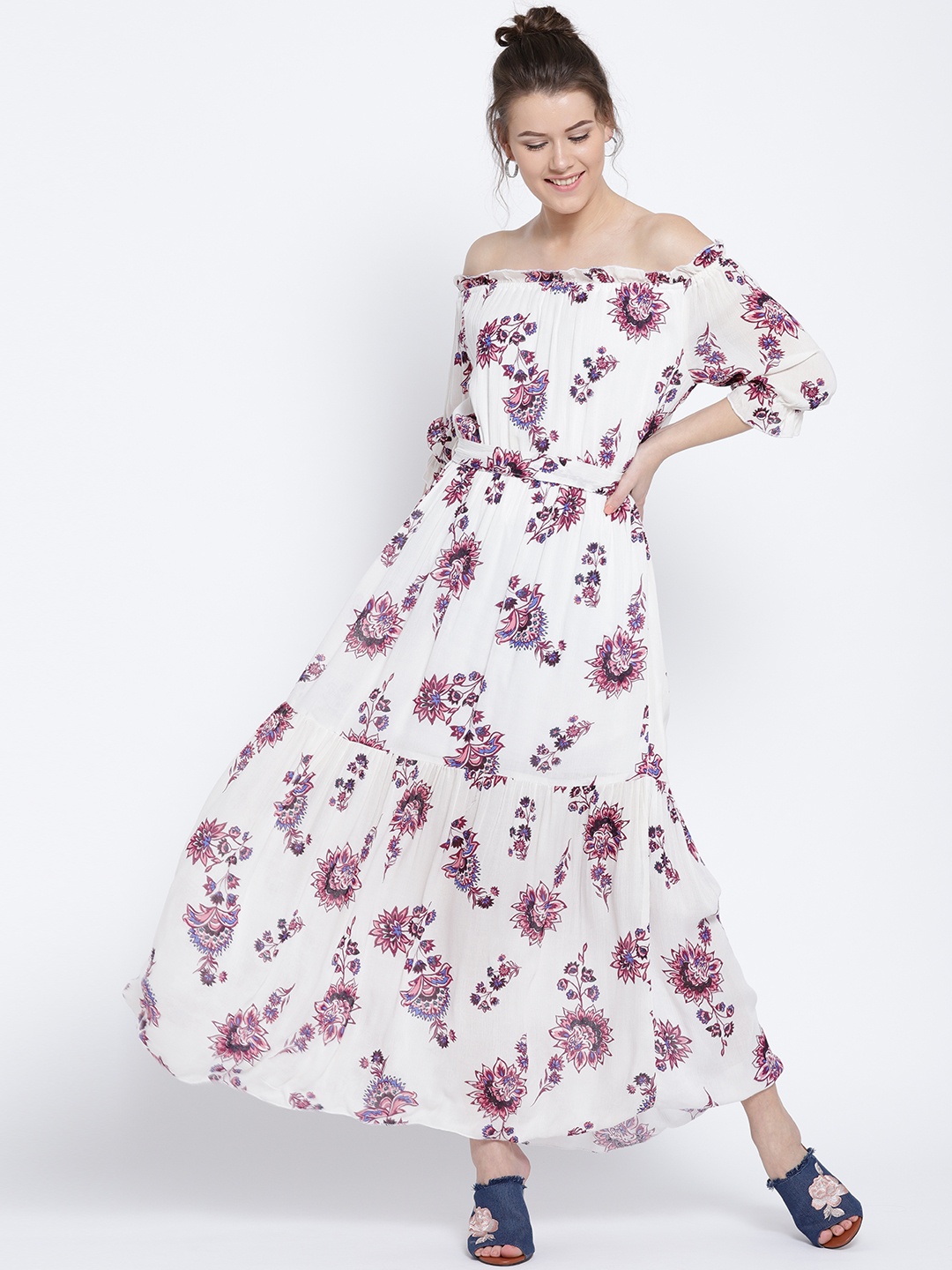 

Sera Women Off-White & Burgundy Printed Off-Shoulder Maxi Dress