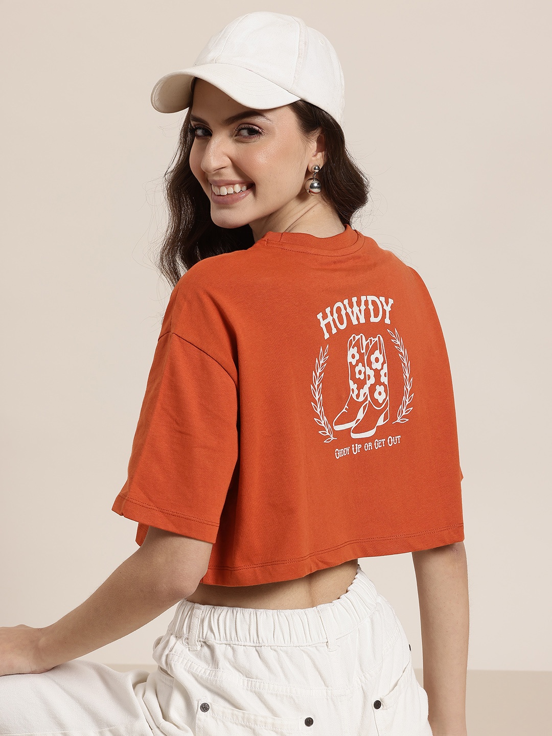 

HERE&NOW Pure Cotton Round Neck Typography Printed Back Crop T-shirt, Rust