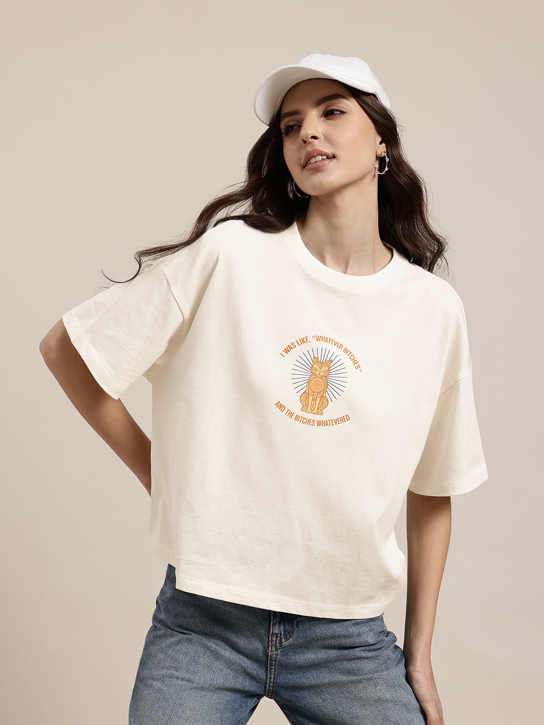 

HERE&NOW Printed Drop-Shoulder Sleeves Pure Cotton Relaxed T-shirt, Cream