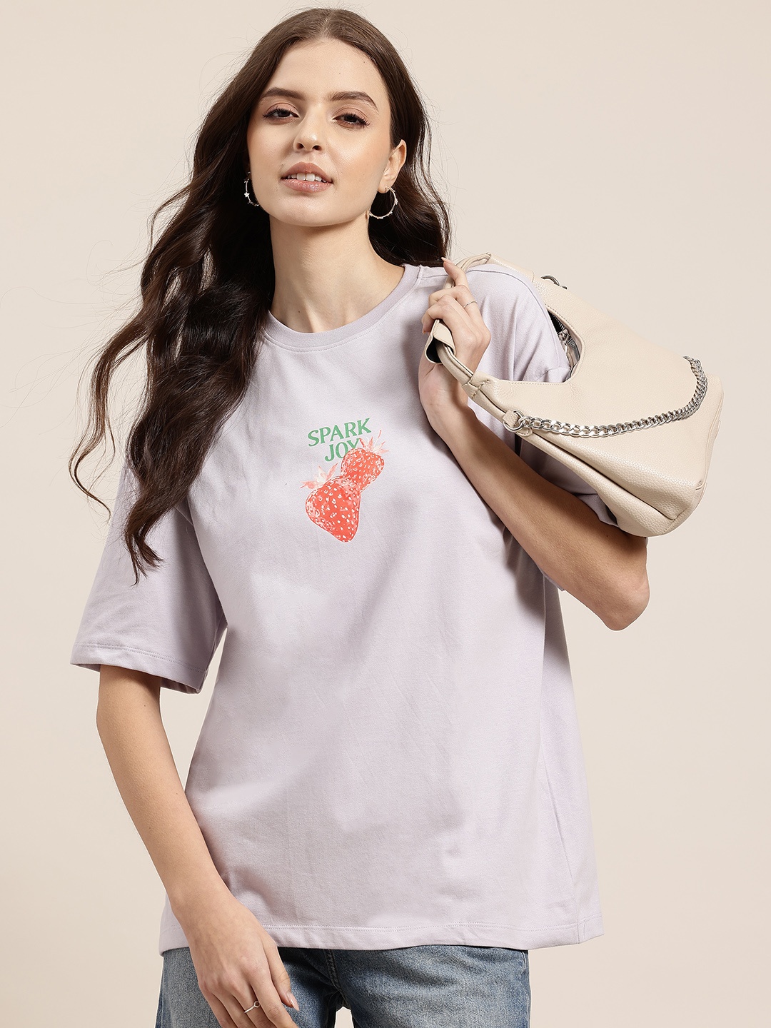 

HERE&NOW Printed Drop-Shoulder Sleeves Pure Cotton Oversized T-shirt, Lavender