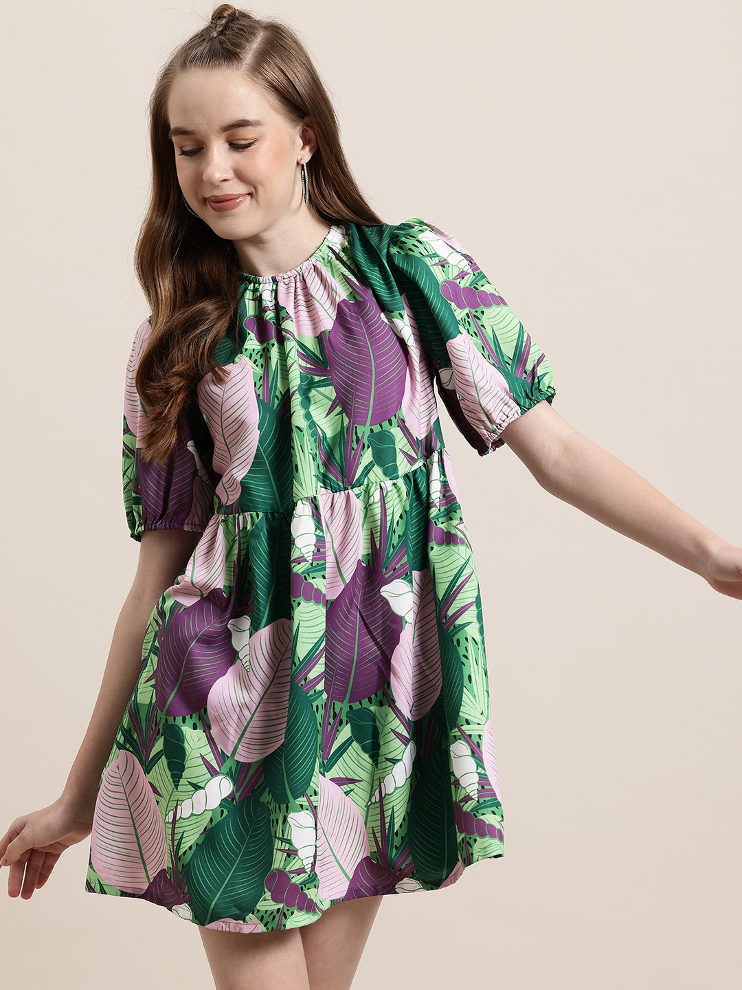 

HERE&NOW Floral Print Puff Sleeves A-Line Mini Dress, Green