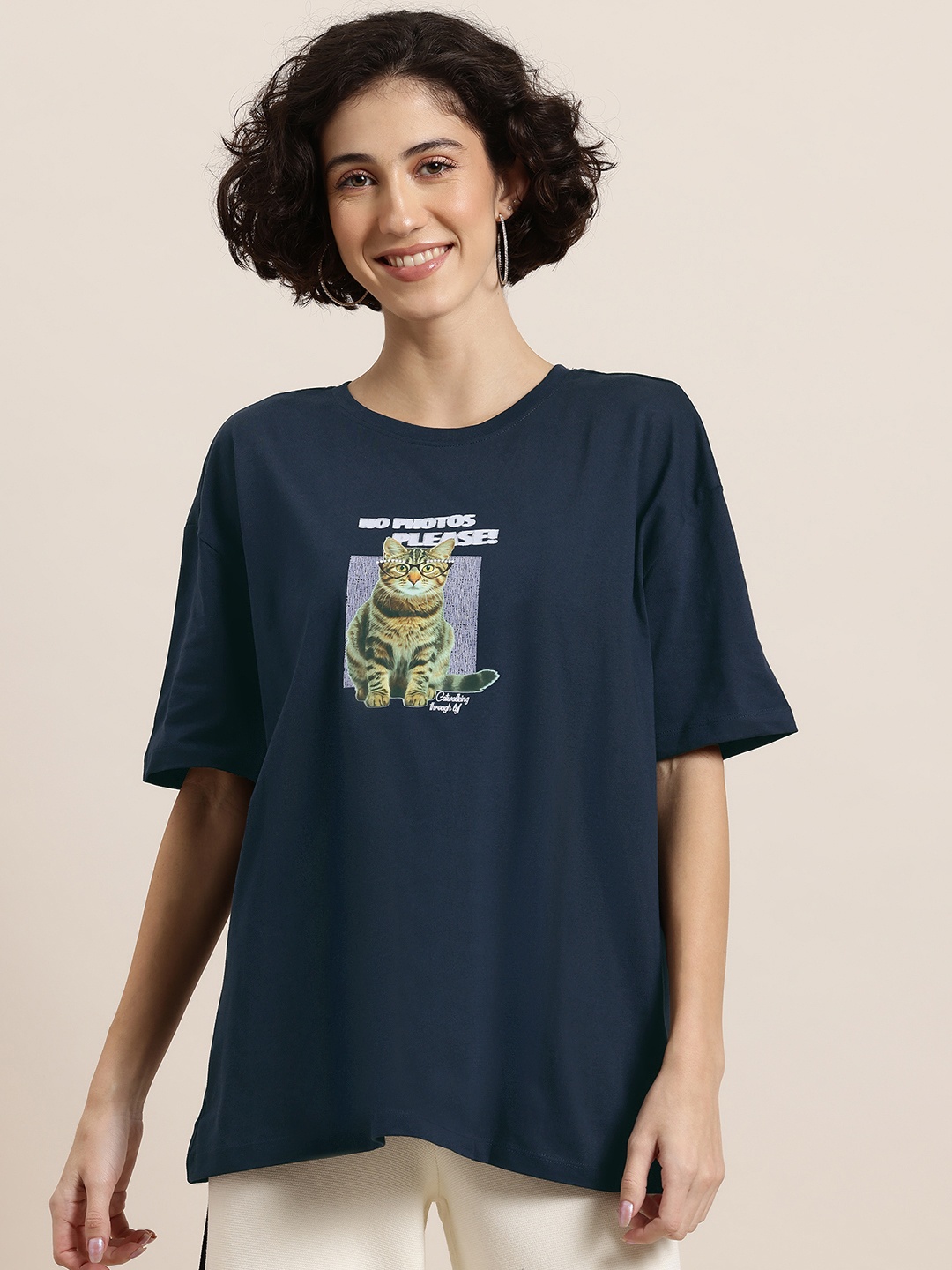 

HERE&NOW Curious Cat Women Printed Pure Cotton Relaxed Fit T-shirt, Navy blue
