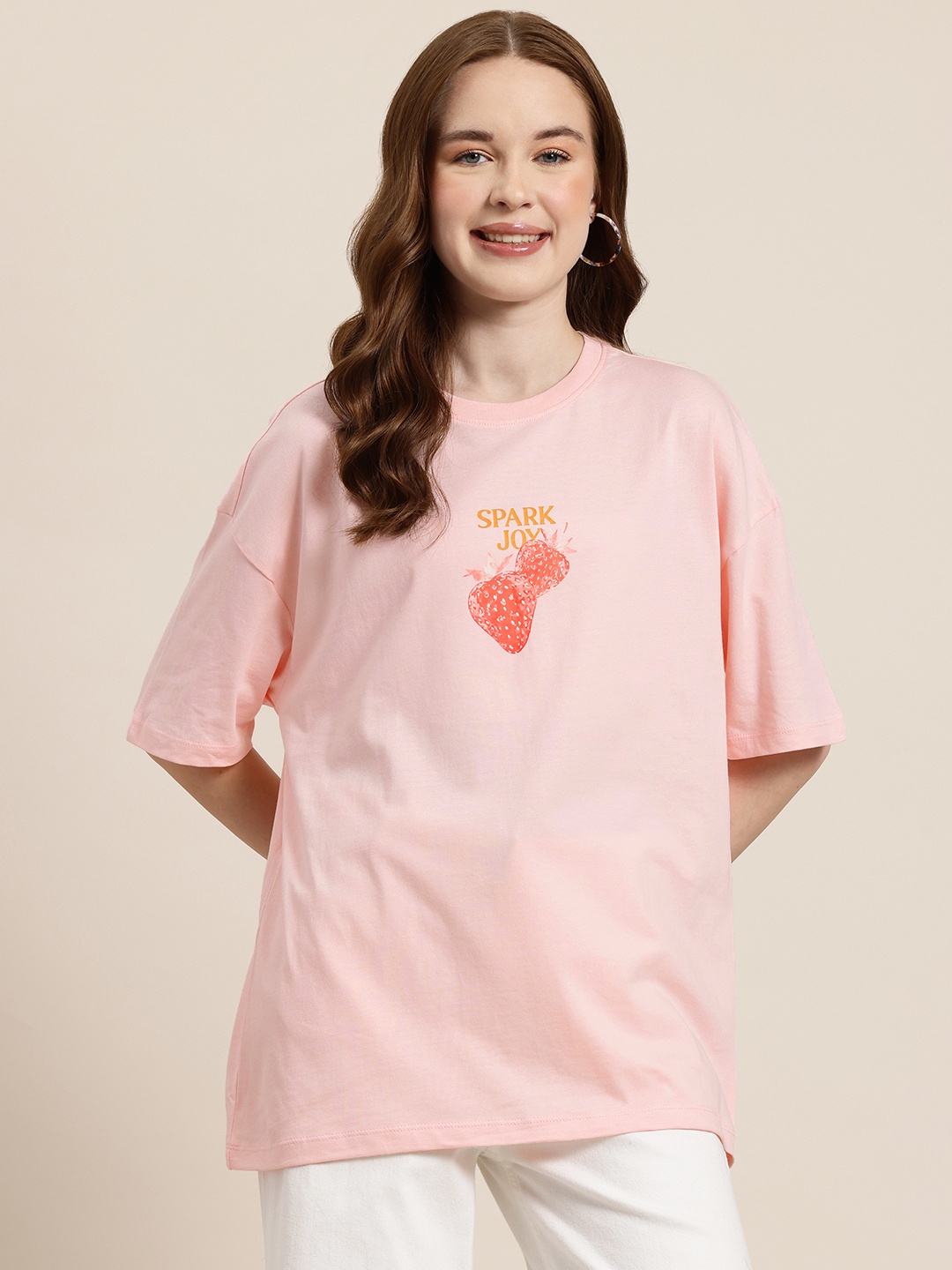 

HERE&NOW Fruit Frollic Graphic Print Drop-Shoulder Sleeves Pure Cotton T-shirt, Peach