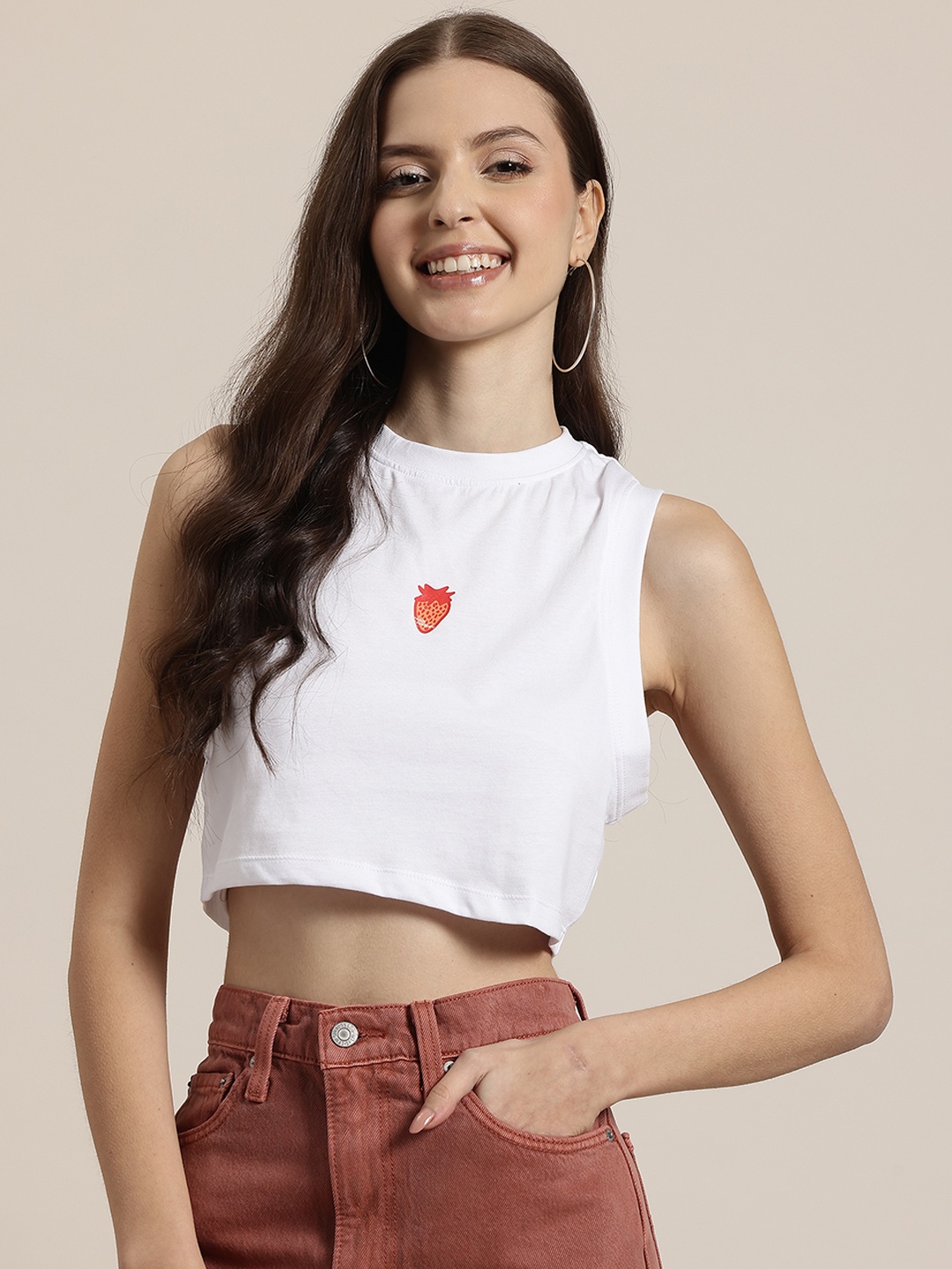 

HERE&NOW Cotton Sleeveless Crop T-shirt, White