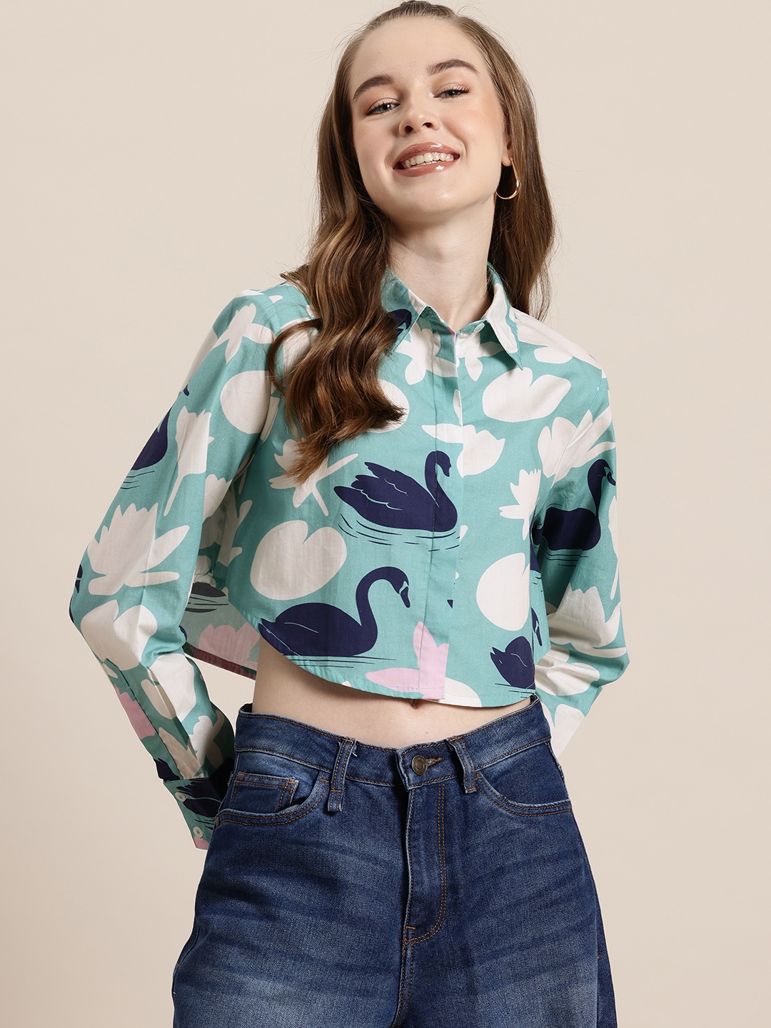 

HERE&NOW Conversational Printed Cotton Boxy Crop Casual Shirt, Green