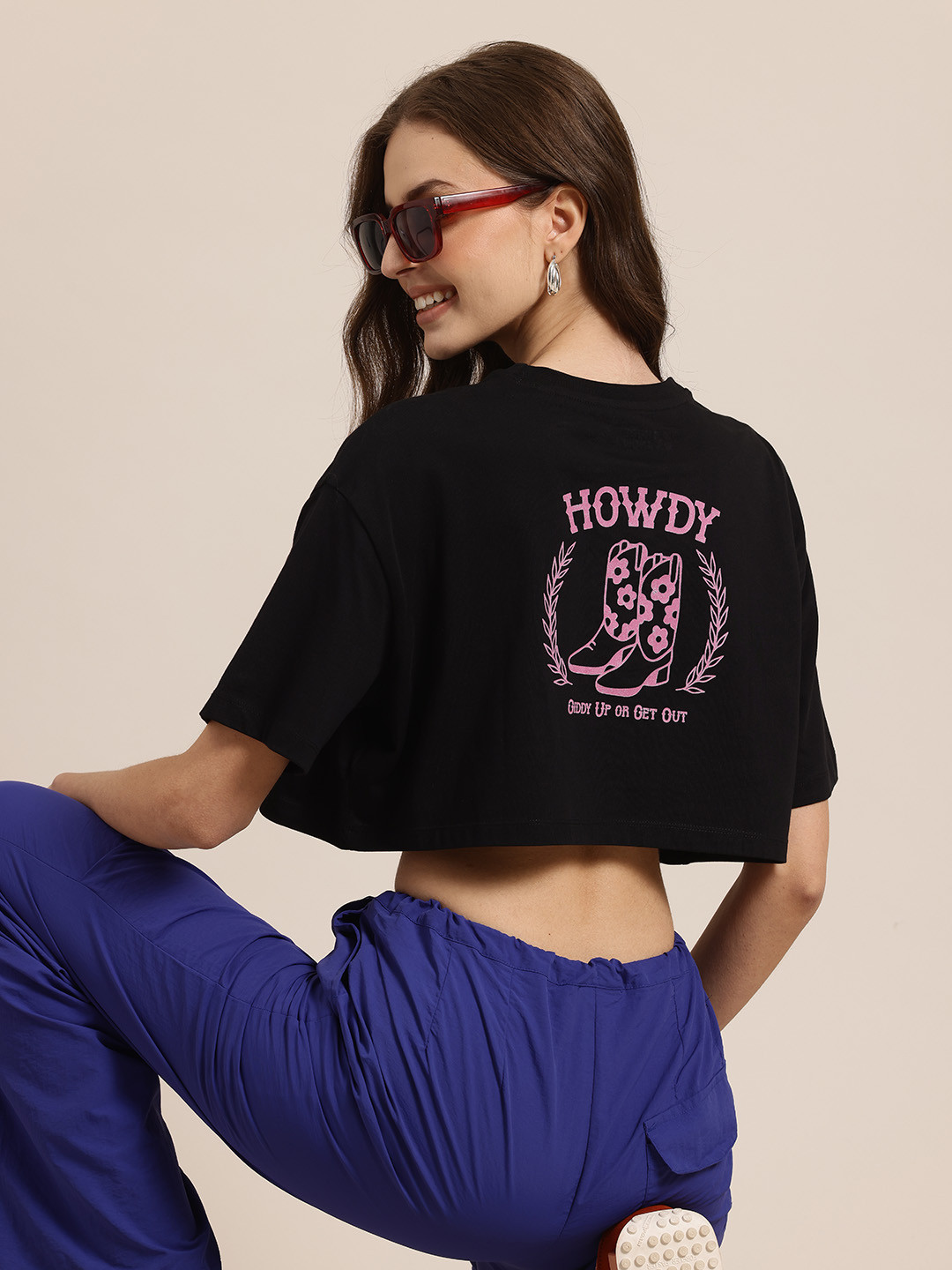 

HERE&NOW Printed Drop-Shoulder Sleeves Pure Cotton Boxy T-shirt, Black