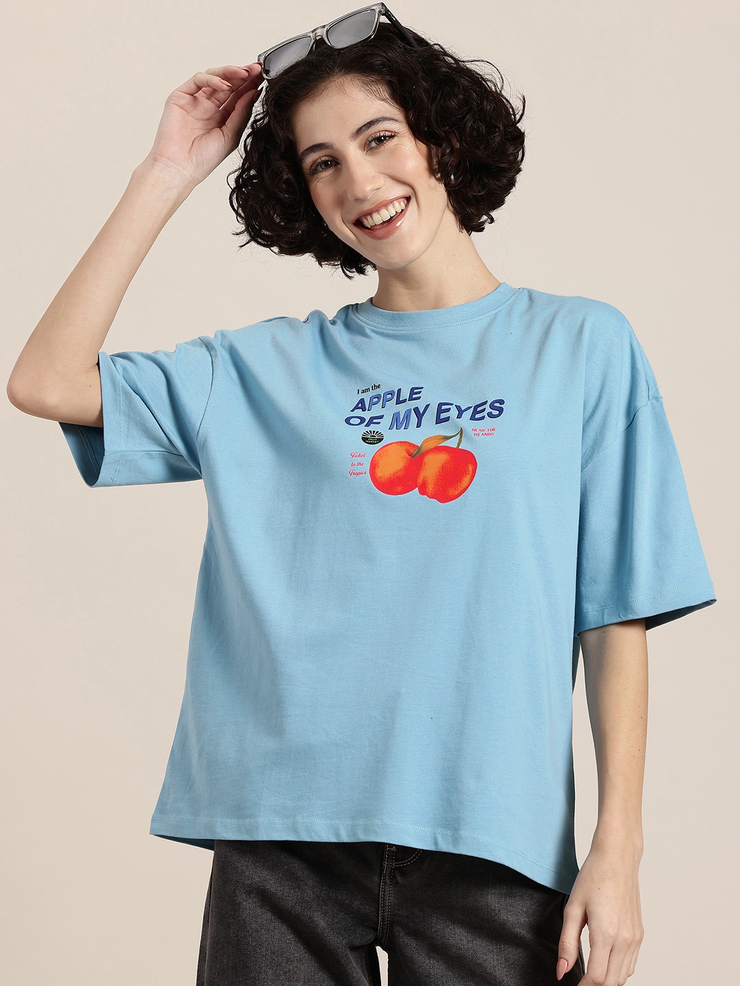 

HERE&NOW Fruit Frollic Drop-Shoulder Sleeves Printed Pure Cotton Tshirt, Blue