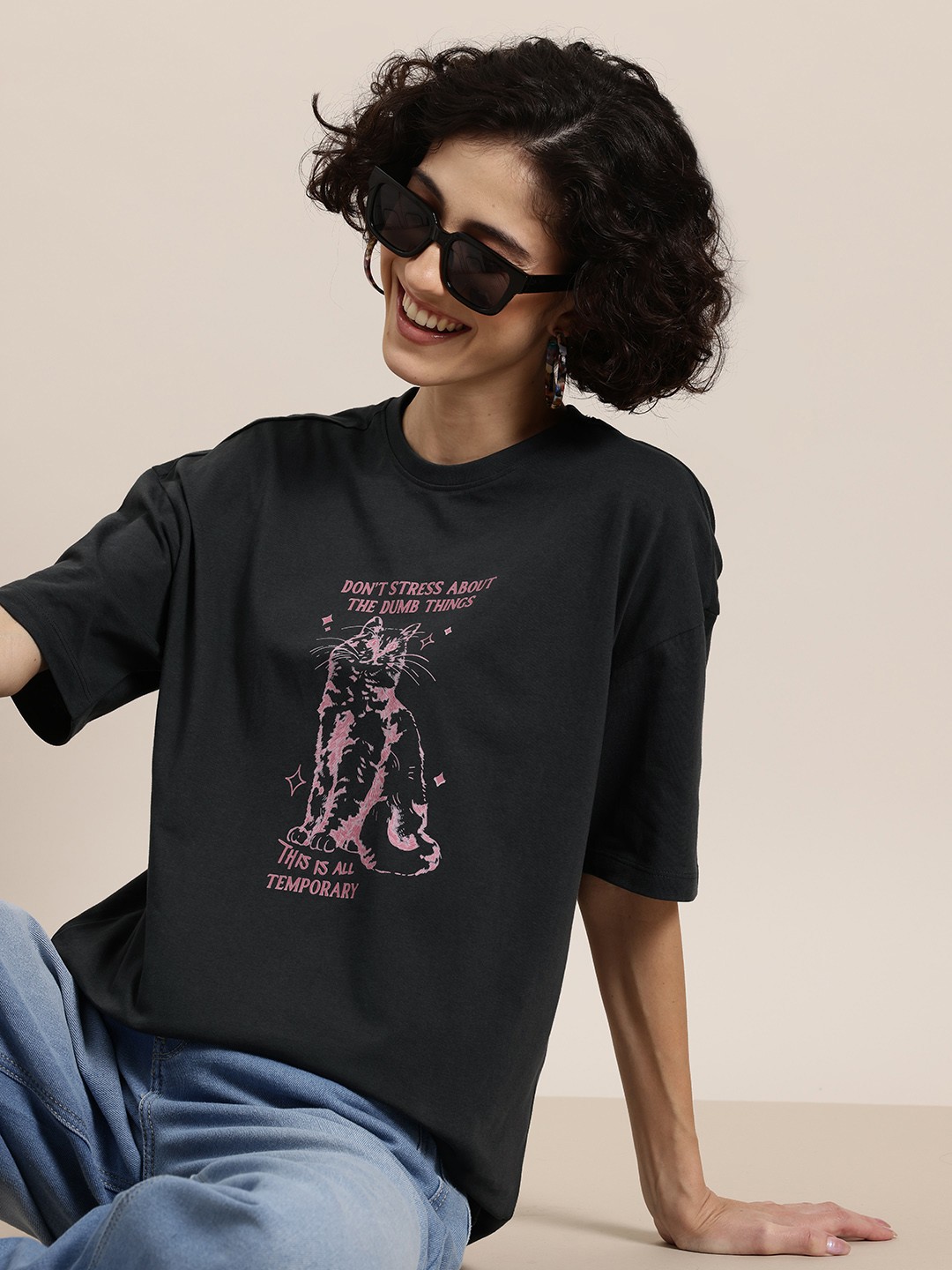 

HERE&NOW Curious Cat Women Printed Pure Cotton Relaxed Fit T-shirt, Charcoal