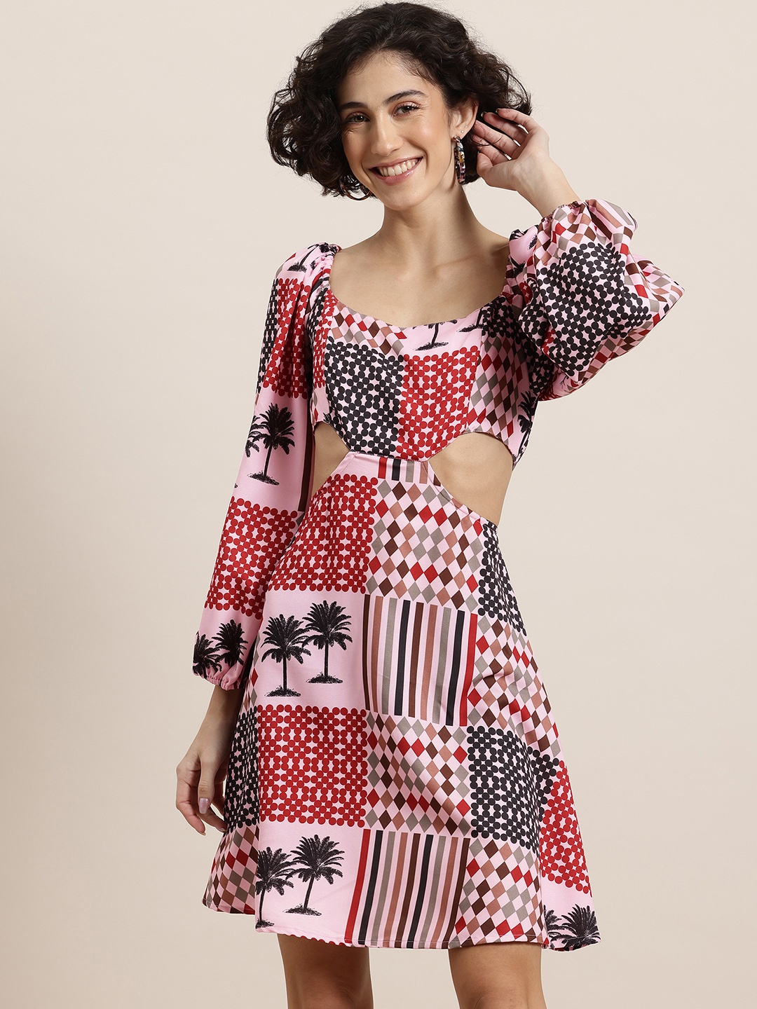 

HERE&NOW Printed Puff Sleeves Cut-Outs Detailed A-Line Dress, Pink
