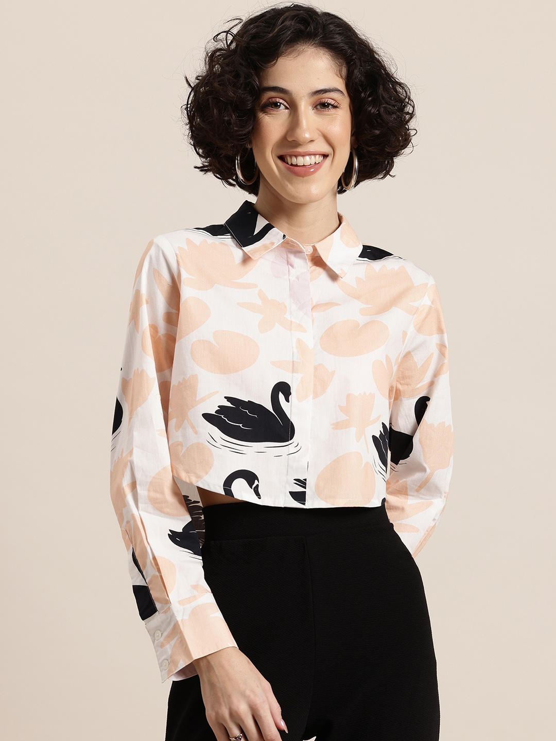 

HERE&NOW Conversational Printed Cotton Boxy Crop Casual Shirt, White