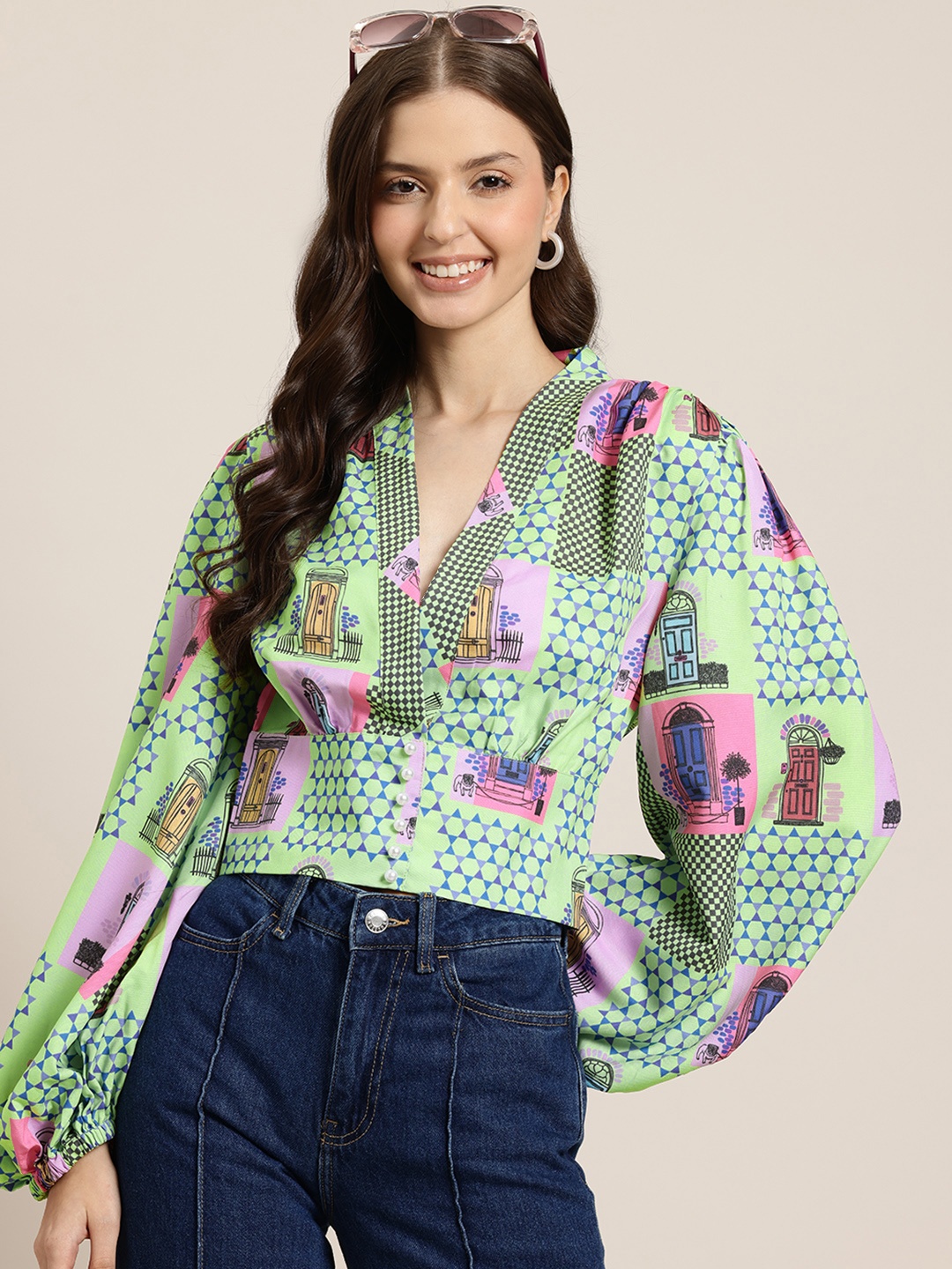 

HERE&NOW Printed Puff Sleeve Smocked Top, Green