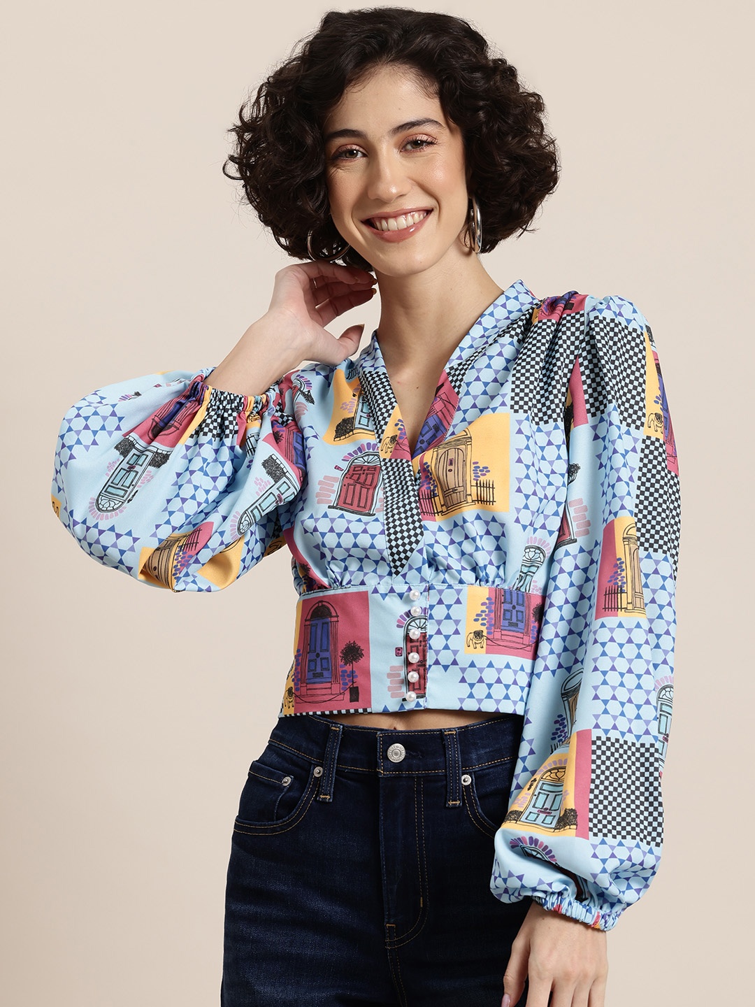 HERE&NOW Printed V-Neck Smocked Puff Sleeve Top, Blue