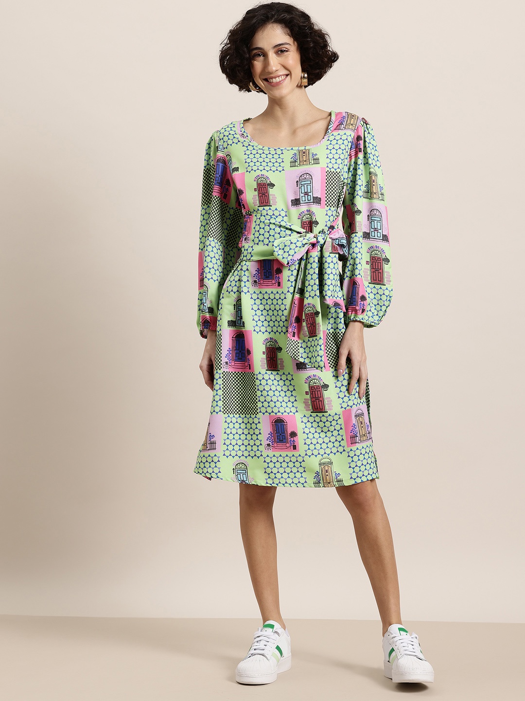 

HERE&NOW Print Bishop Sleeve A-Line Dress, Green