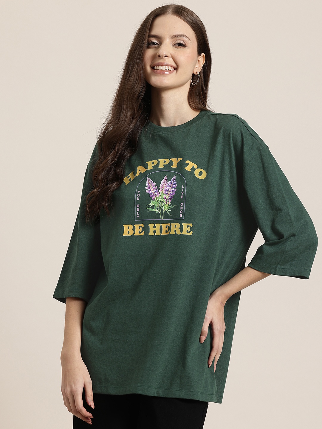 

HERE&NOW Women Typography Printed Oversized Longline T-shirt, Green