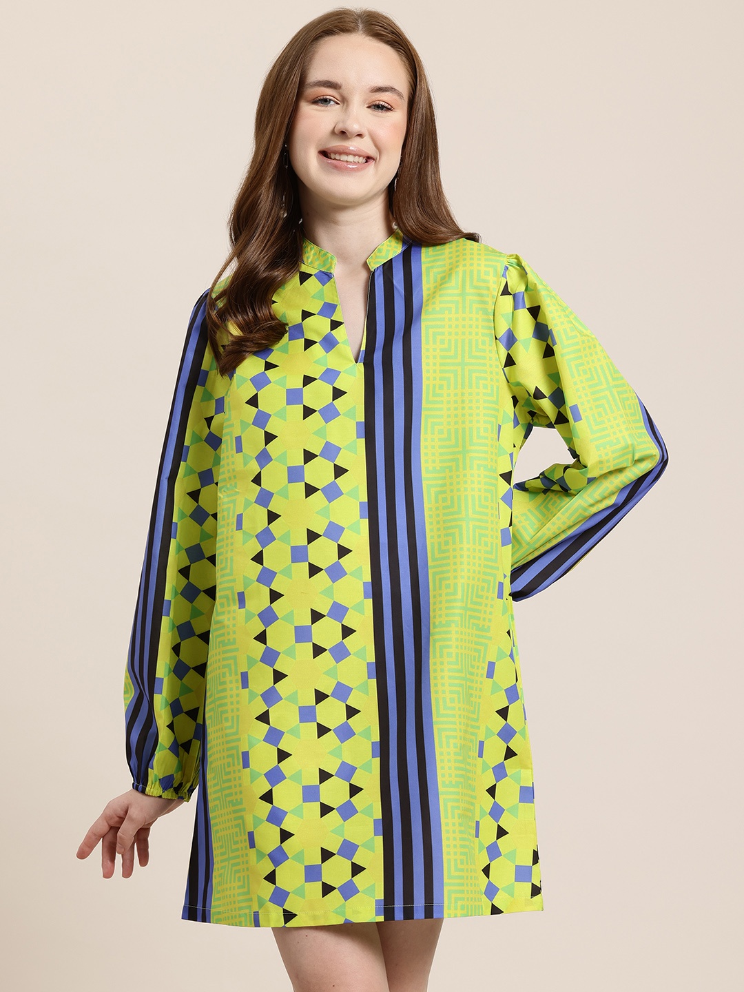 

HERE&NOW Geometric Print Puff Sleeves Shirt-Style Dress, Green