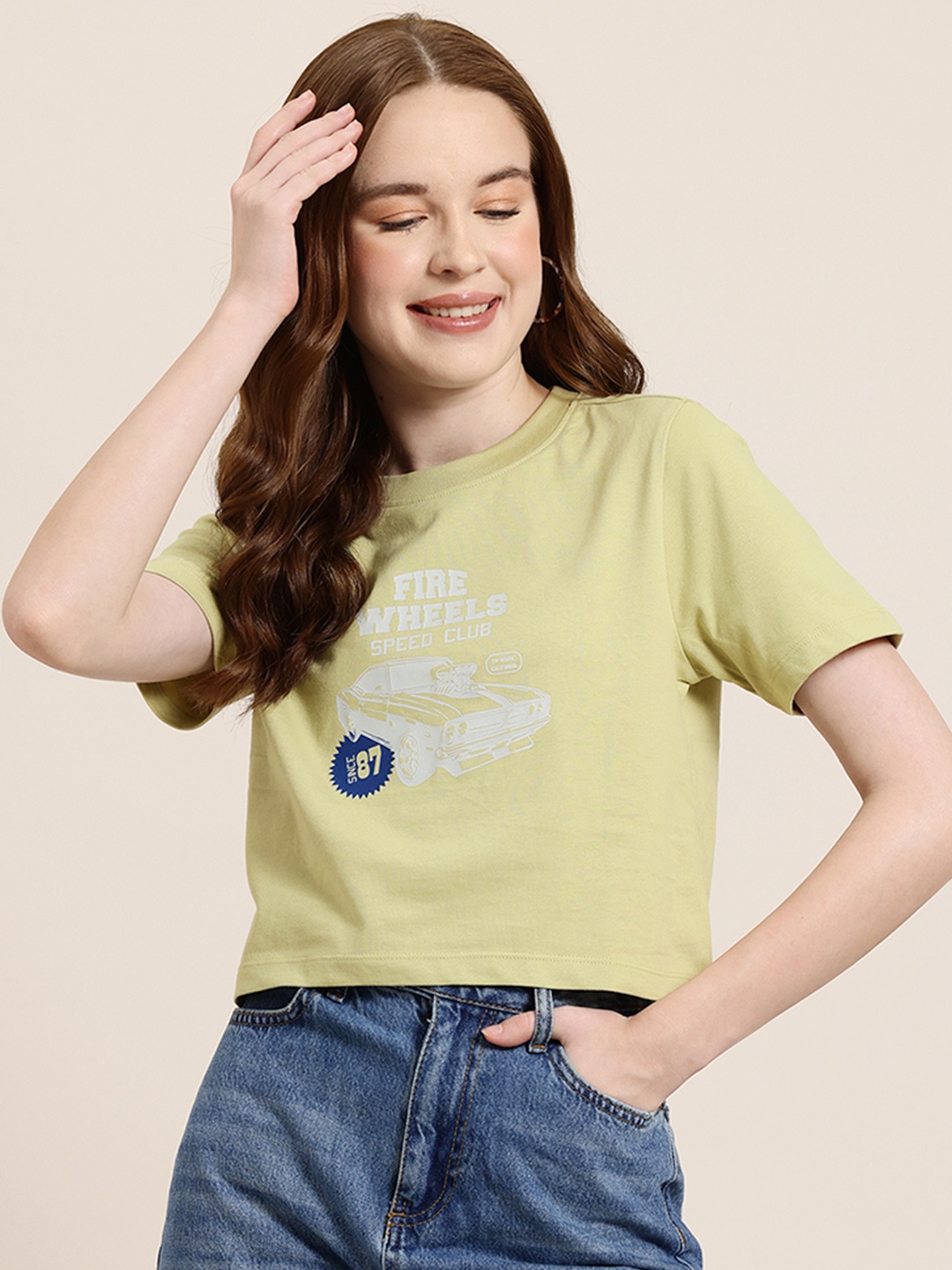 

HERE&NOW Grand Prix Printed Pure Cotton T-shirt, Lime green