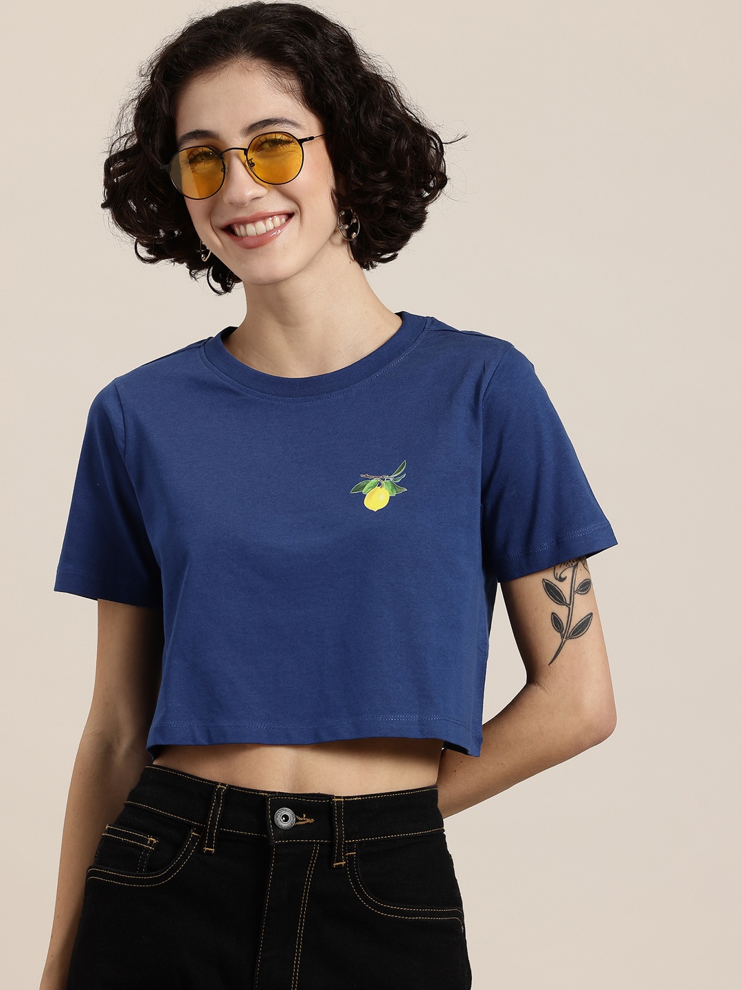 

HERE&NOW Fruit Frollic Printed Pure Cotton Crop T-shirt, Navy blue