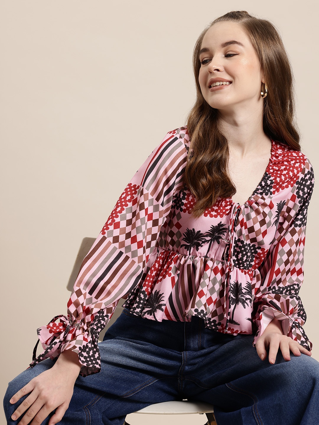 HERE&NOW Quirk Zone Printed V-Neck Bell Sleeves A-line Top, Pink