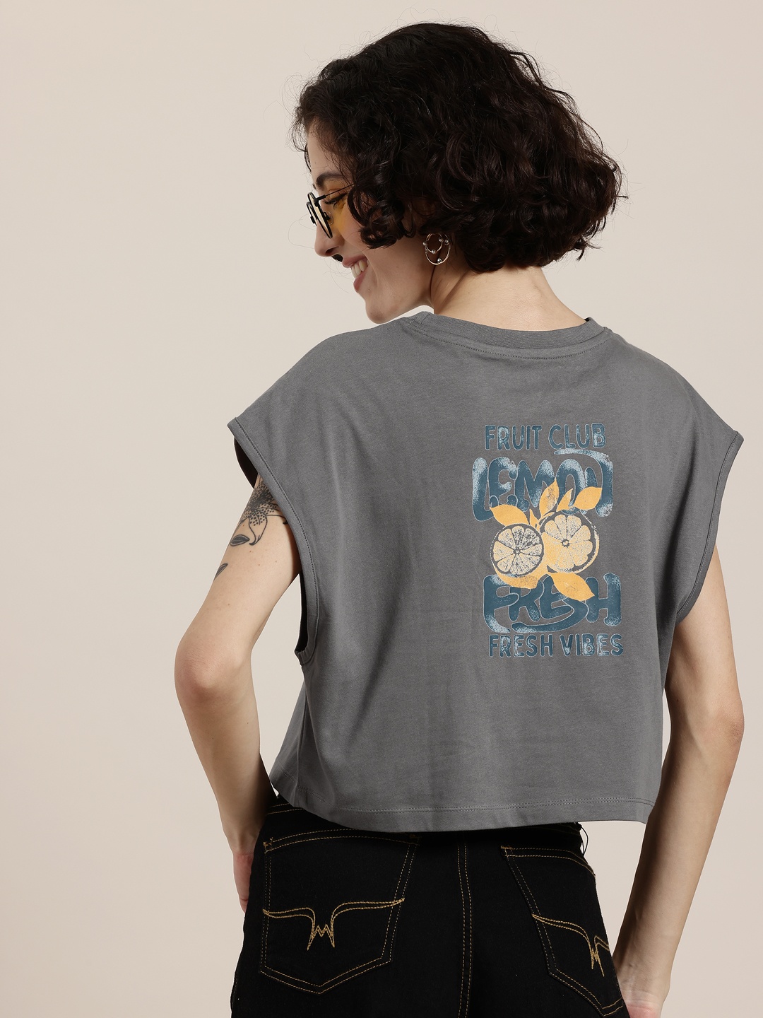 

HERE&NOW Fruit Frollic Printed Extended Sleeves Pure Cotton Crop T-shirt, Grey