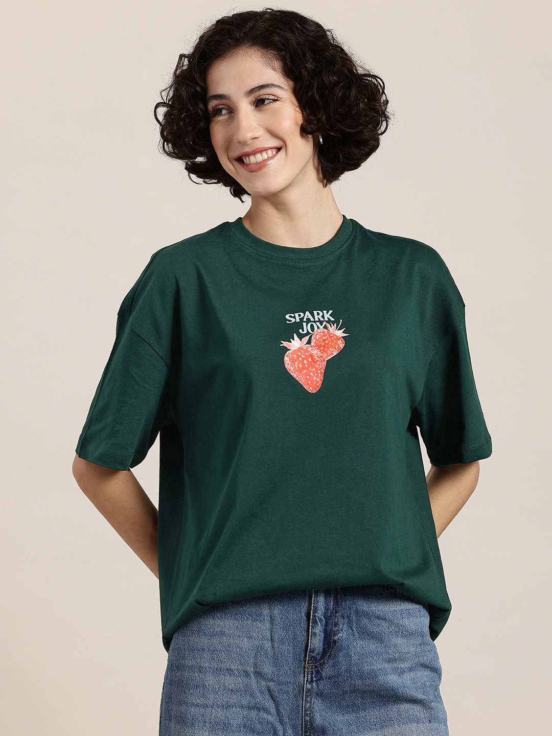 

HERE&NOW Fruit Frollic Printed Drop-Shoulder Sleeves Pure Cotton T-shirt, Green