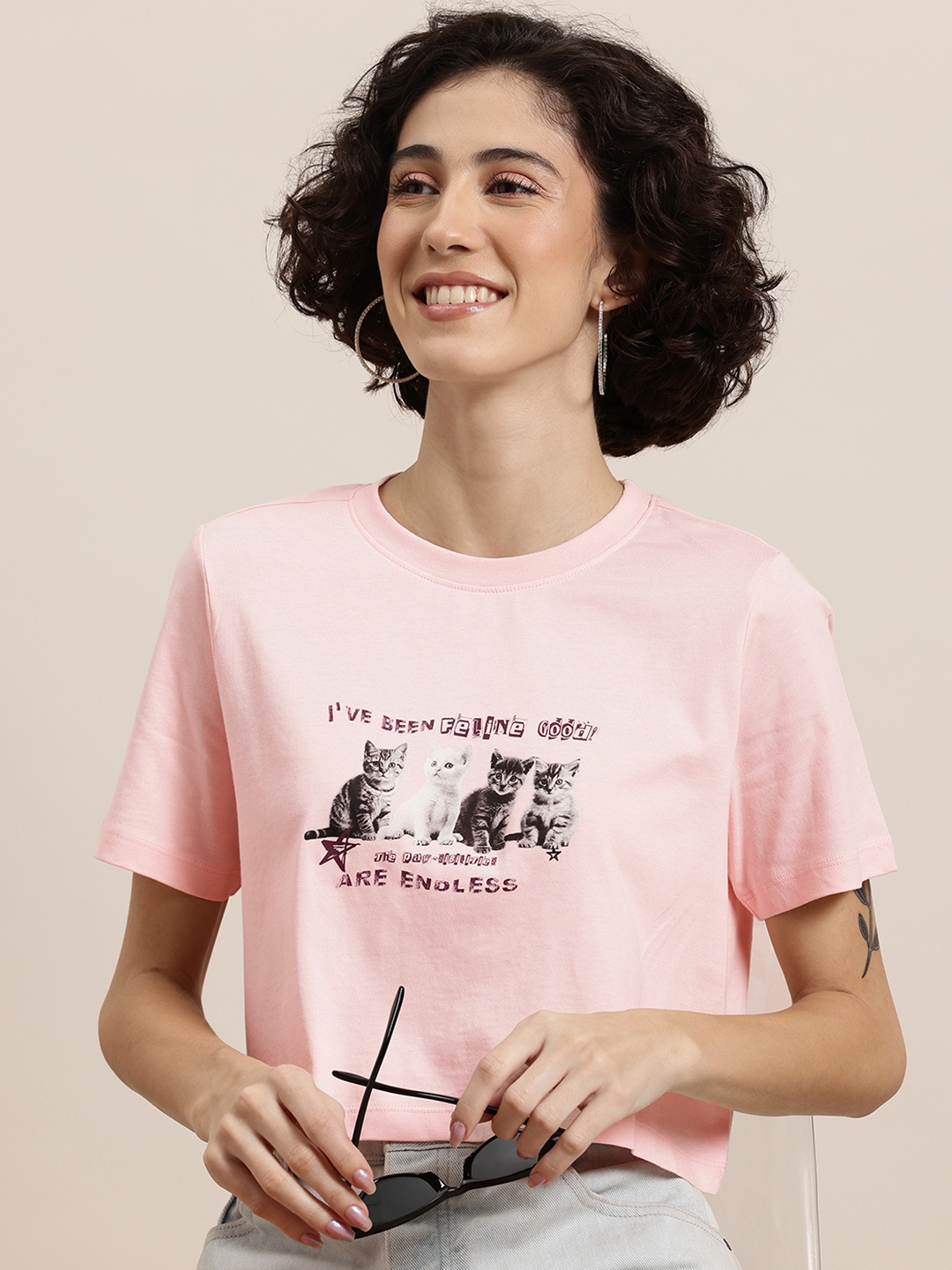 

HERE&NOW Curious Cat Women Printed Pure Cotton Relaxed Fit T-shirt, Pink