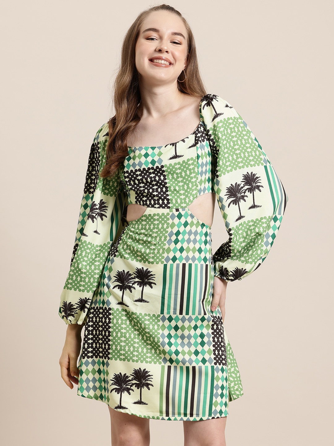 

HERE&NOW Printed Puff Sleeves Cut-Outs Detailed A-Line Dress, Green