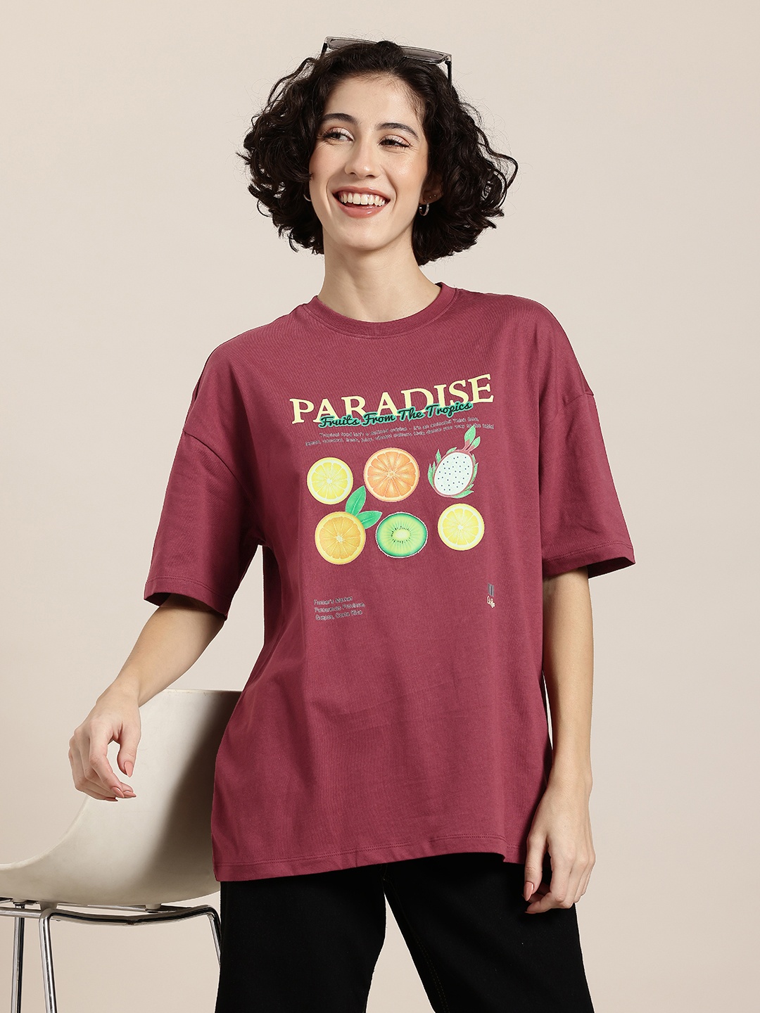 

HERE&NOW Fruit Frollic Printed Relaxed Pure Cotton T-shirt, Burgundy