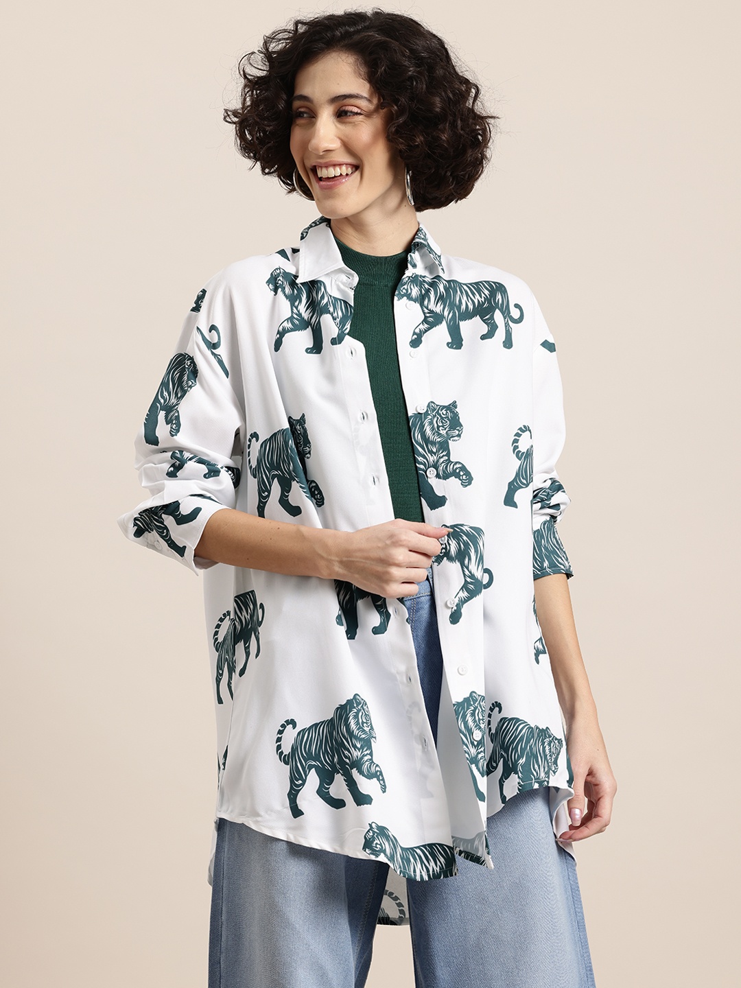HERE&NOW Graphic Printed Drop-Shoulder Sleeves Longline Casual Shirt, White