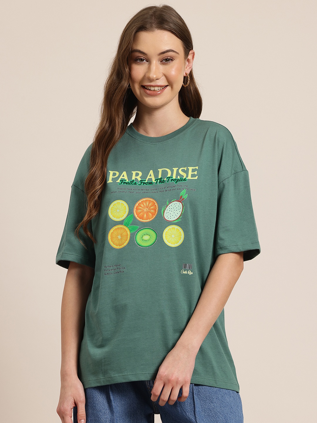 

HERE&NOW Women Printed Drop-Shoulder Sleeves Pure Cotton T-shirt, Green