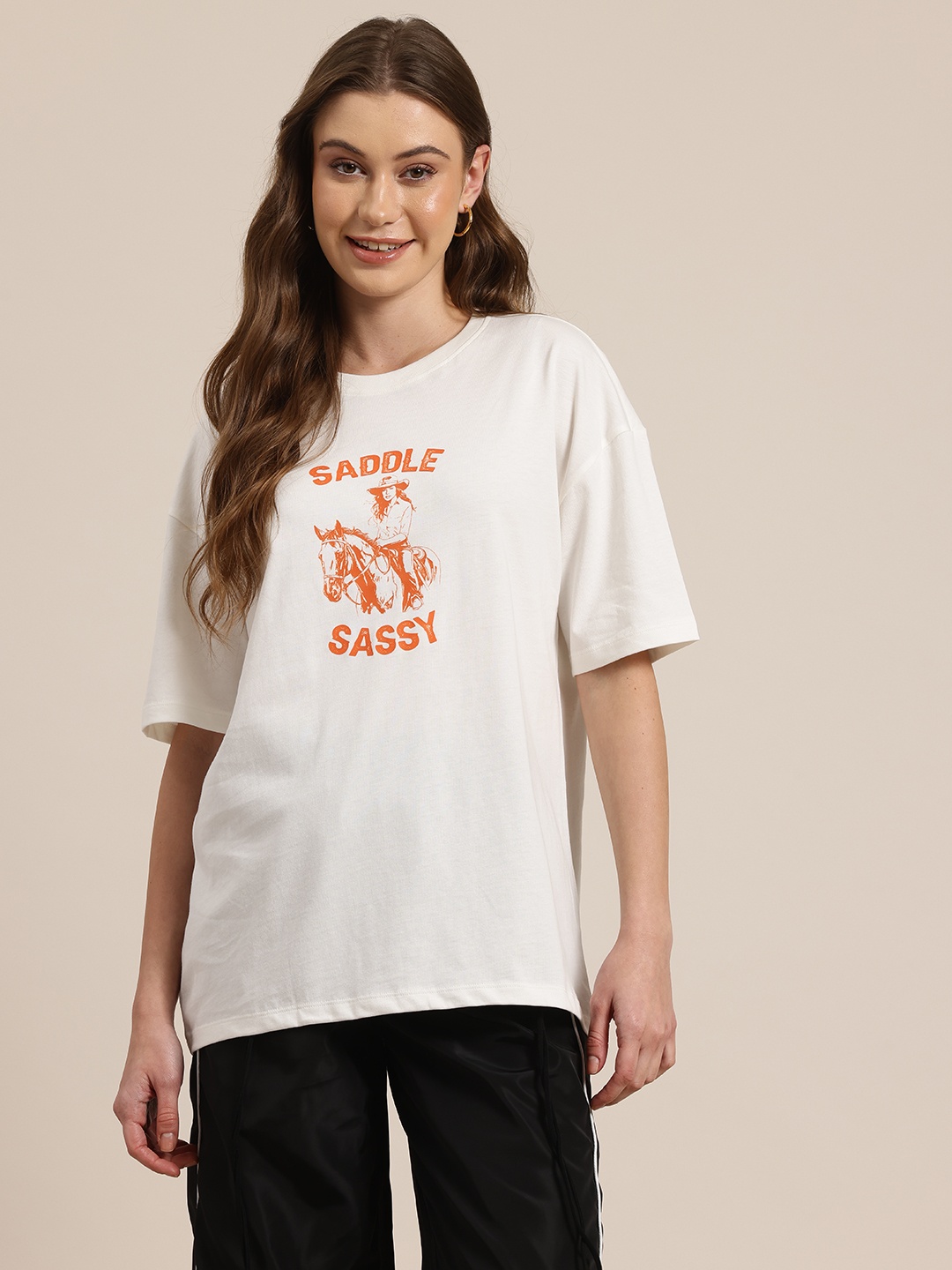 

HERE&NOW Printed Drop-Shoulder Sleeves Pure Cotton Oversized T-shirt, Off white