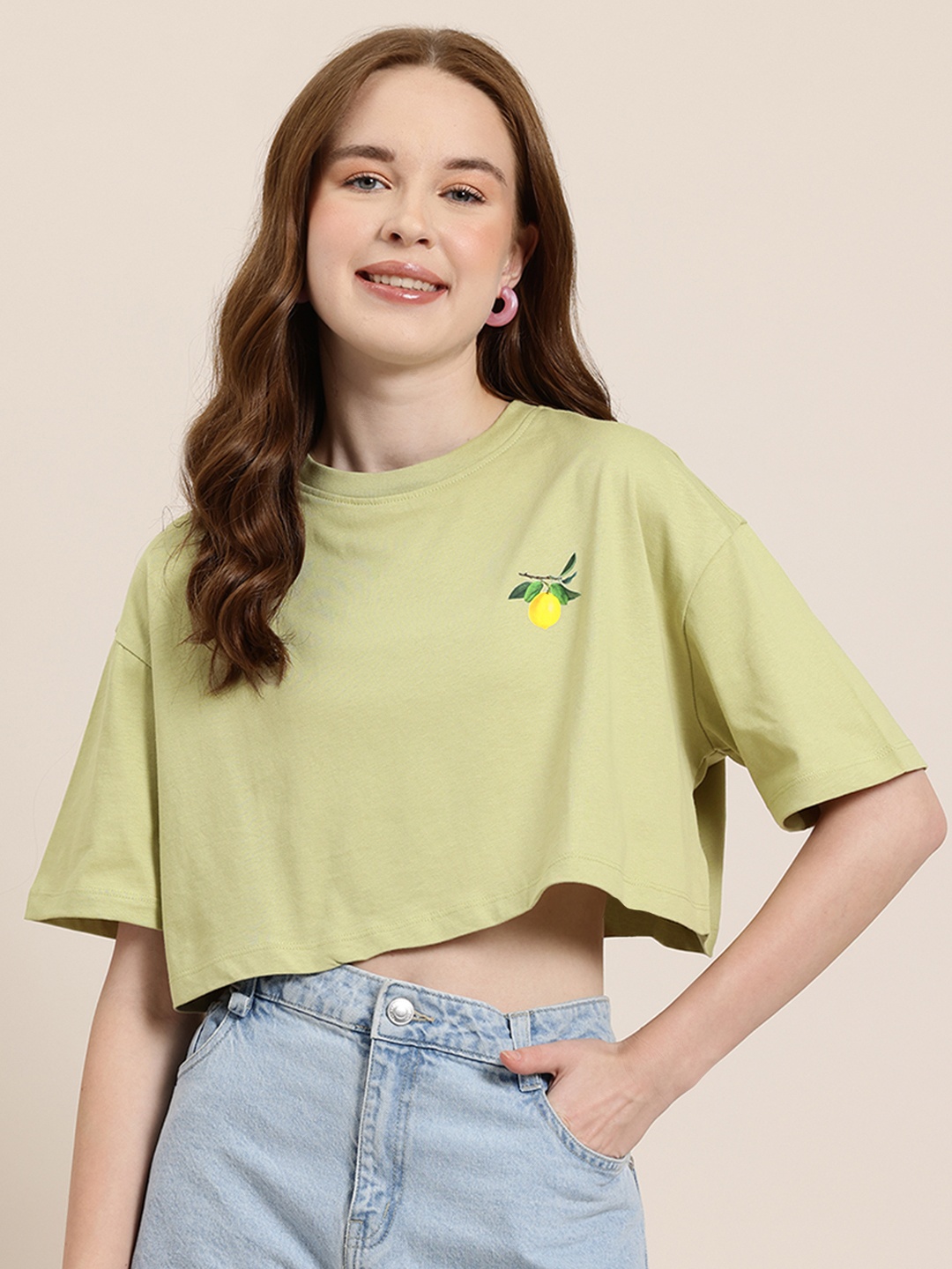 

HERE&NOW Fruit Frollic Printed Drop-Shoulder Crop Pure Cotton T-shirt, Lime green