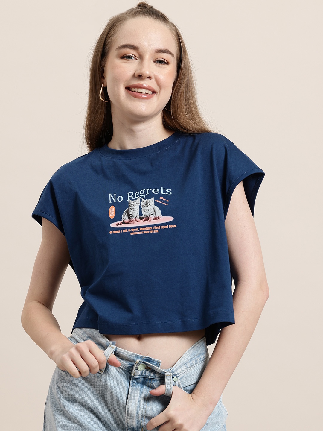 

HERE&NOW Curious Cat Women Printed Pure Cotton Crop T-shirt, Navy blue