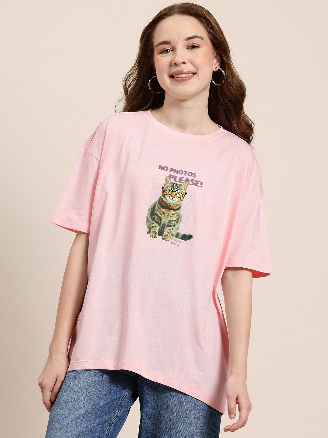 

HERE&NOW Curious Cat Printed Longline Pure Cotton T-shirt, Pink