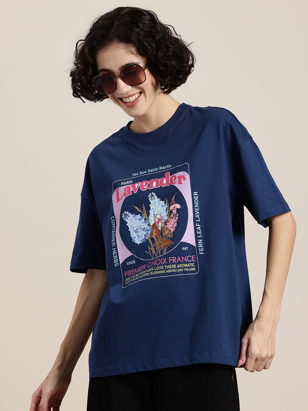 

HERE&NOW Impact Flowers Printed Drop-Shoulder Sleeves Pure Cotton T-shirt, Navy blue