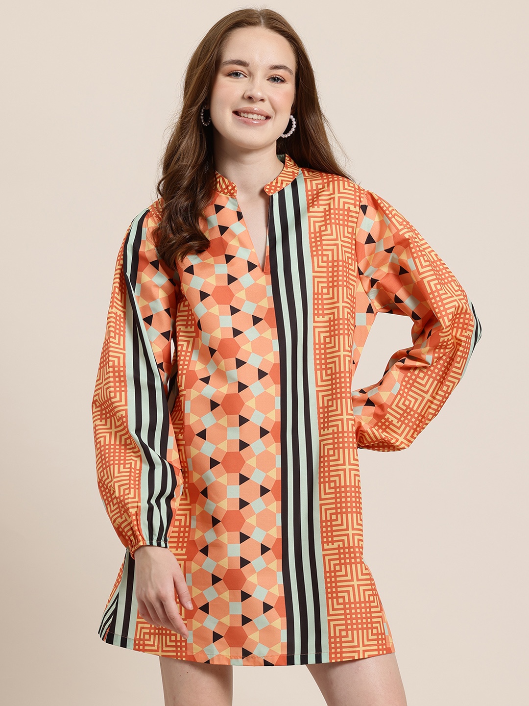 

HERE&NOW Geometric Print Puff Sleeves Shirt-Style Dress, Orange