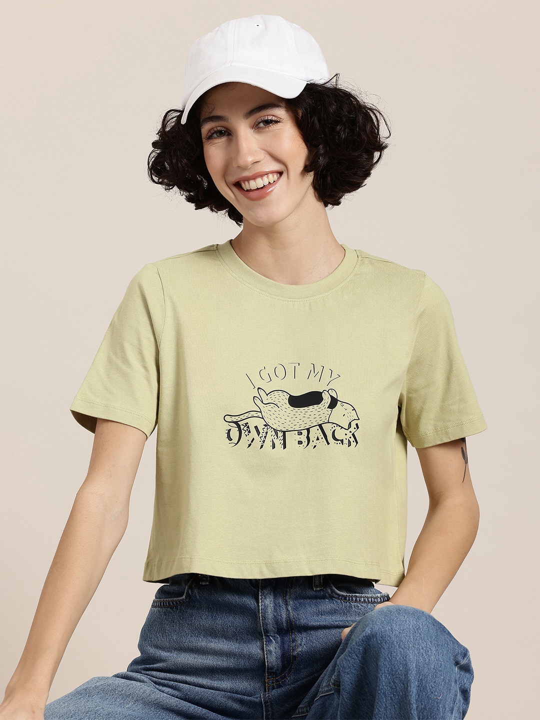 

HERE&NOW Curious Cat Printed Pure Cotton Tshirt, Lime green