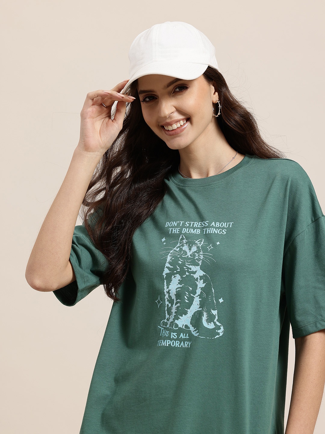 

HERE&NOW Printed Drop-Shoulder Sleeves Pure Cotton Oversized T-shirt, Green