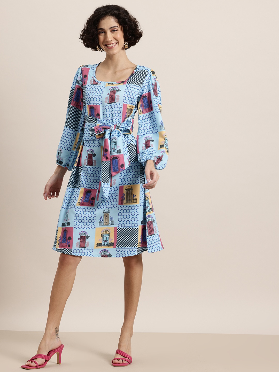 HERE&NOW Printed Puff Sleeves Tie-Ups A-Line Dress, Blue