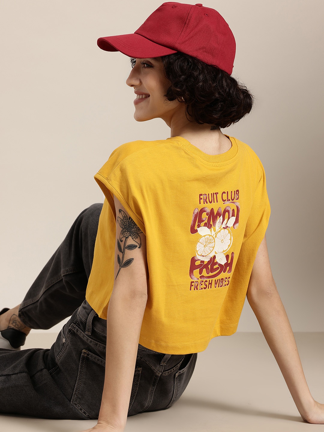 

HERE&NOW Fruit Frollic Sleeveless Printed Pure Cotton T-shirt, Mustard