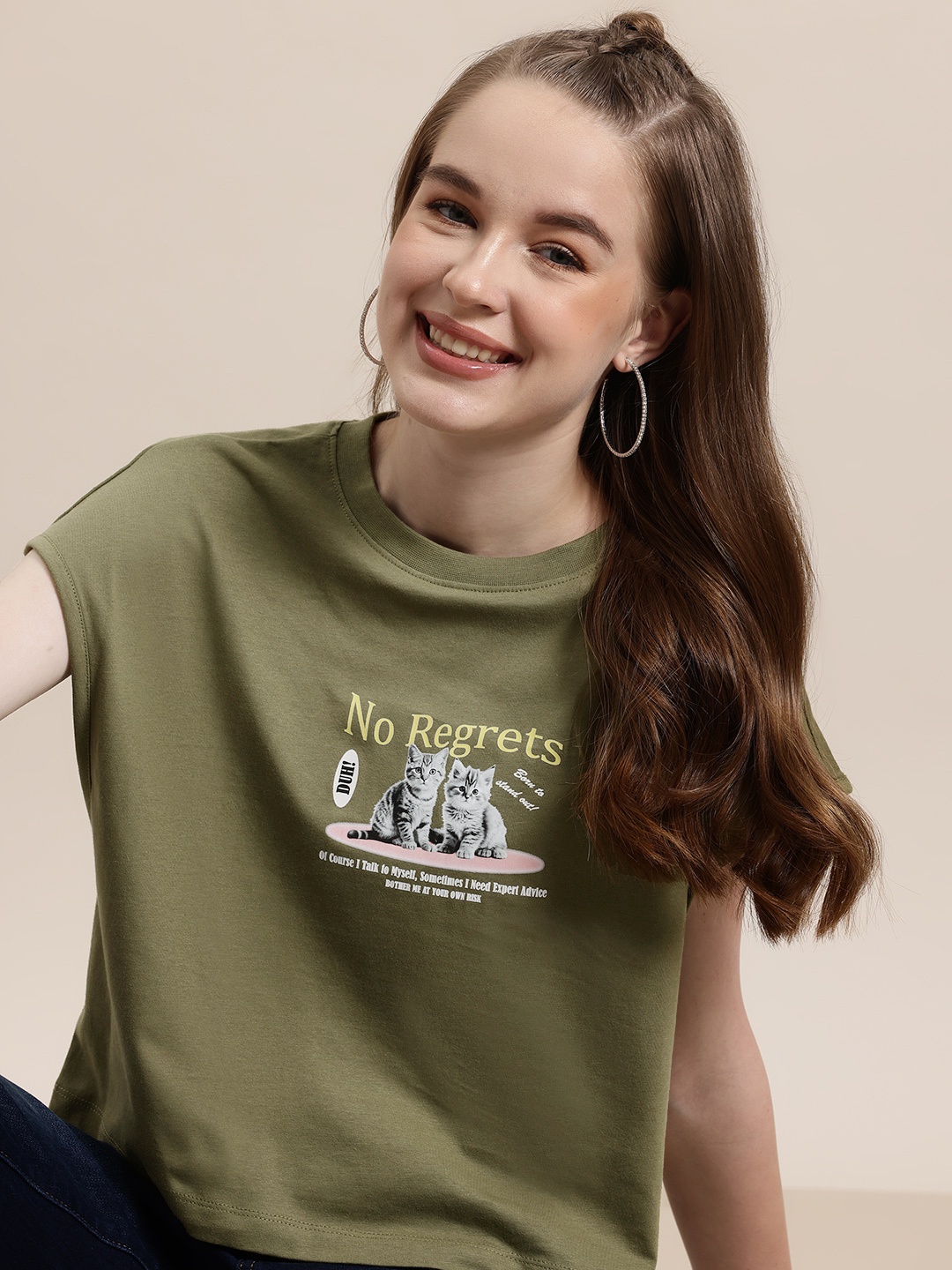 

HERE&NOW Curious Cat Women Printed Extended Sleeves Pure Cotton T-shirt, Olive