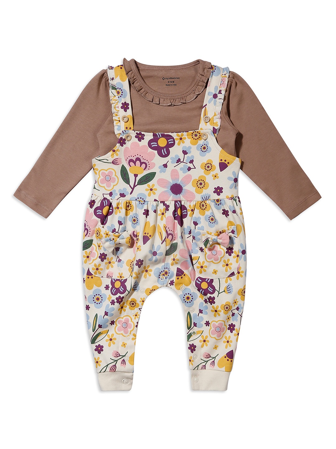 

My Milestones Infant Girls Printed Cotton Dungarees With T-Shirt, White