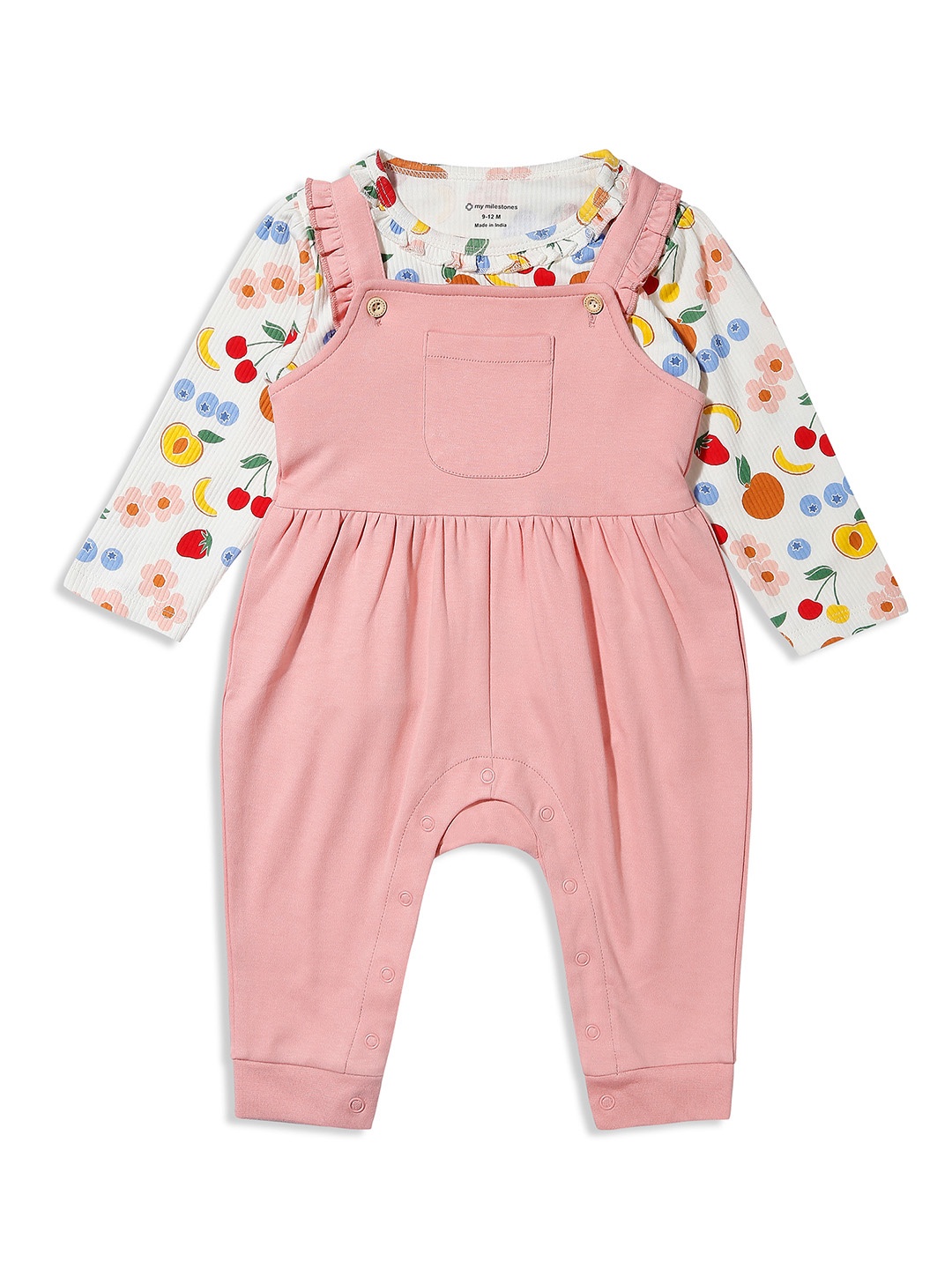 

My Milestones Infants Girls Printed Cotton Dungarees With T-Shirt, Off white