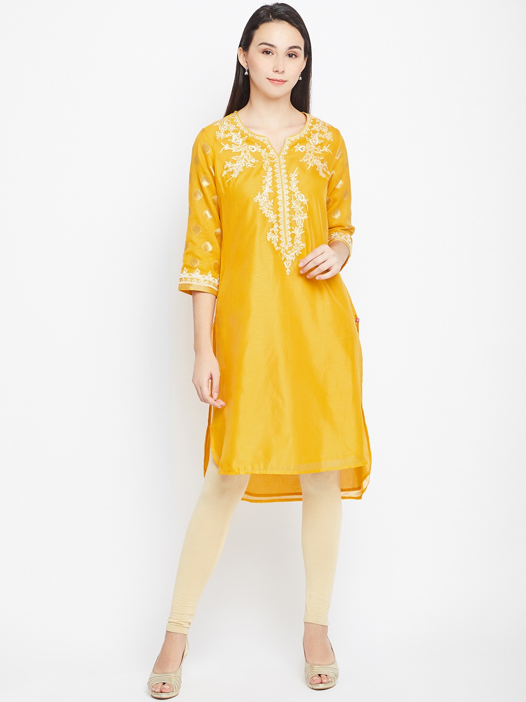 

Biba Women Yellow Embroidered Detail Straight Kurta