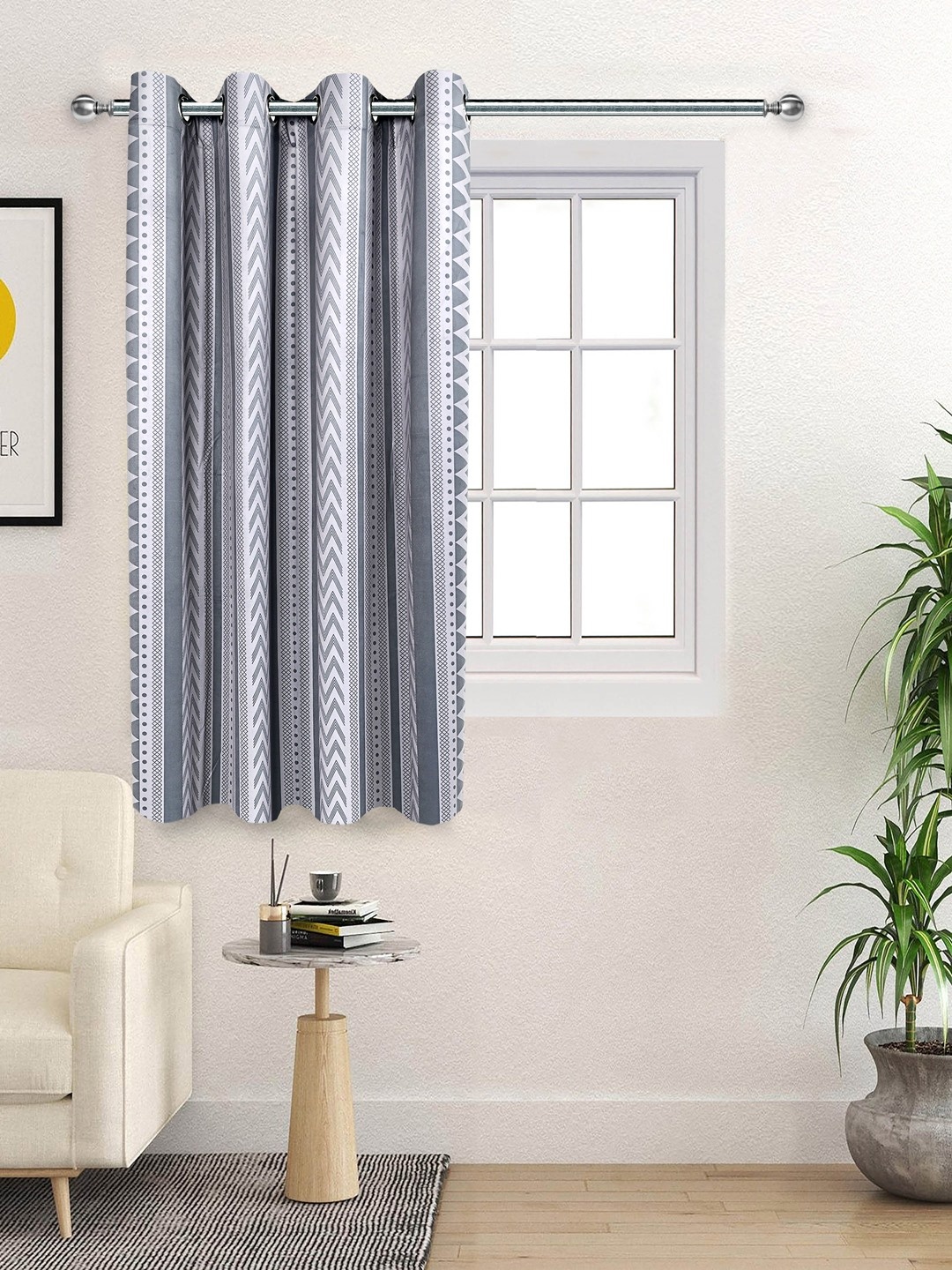 

Saral Home Beige & Grey Geometric Printed Velvet Room Darkening Window Curtain
