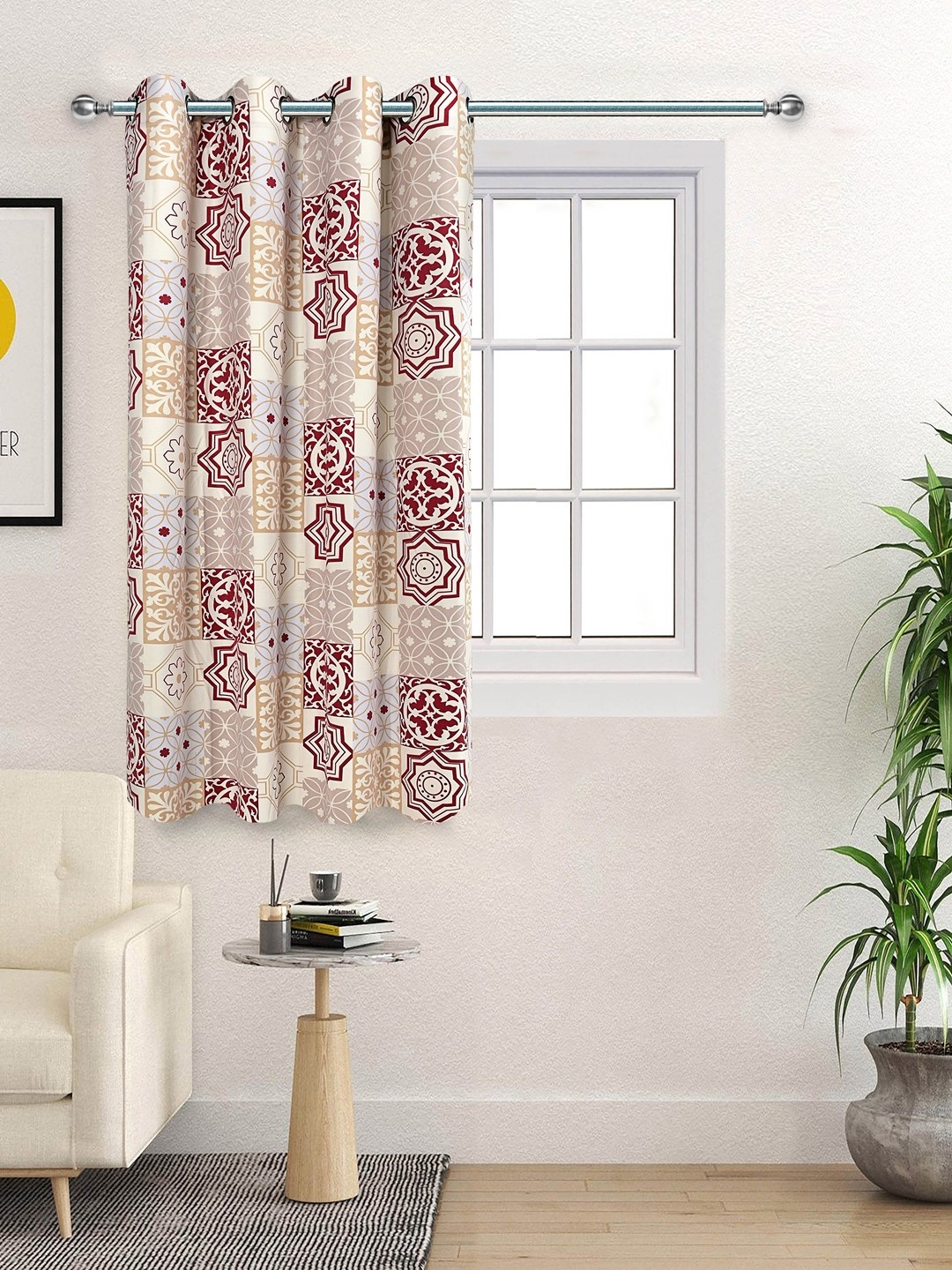 

Saral Home Beige & Maroon Ethnic Motifs Printed Velvet Room Darkening Window Curtain