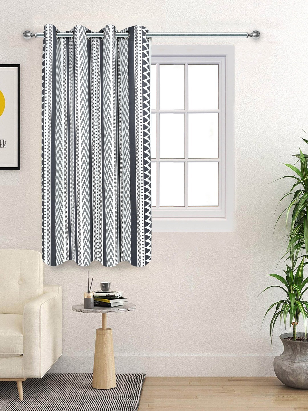 

Saral Home White & Grey Geometric Printed Velvet Room Darkening Window Curtain