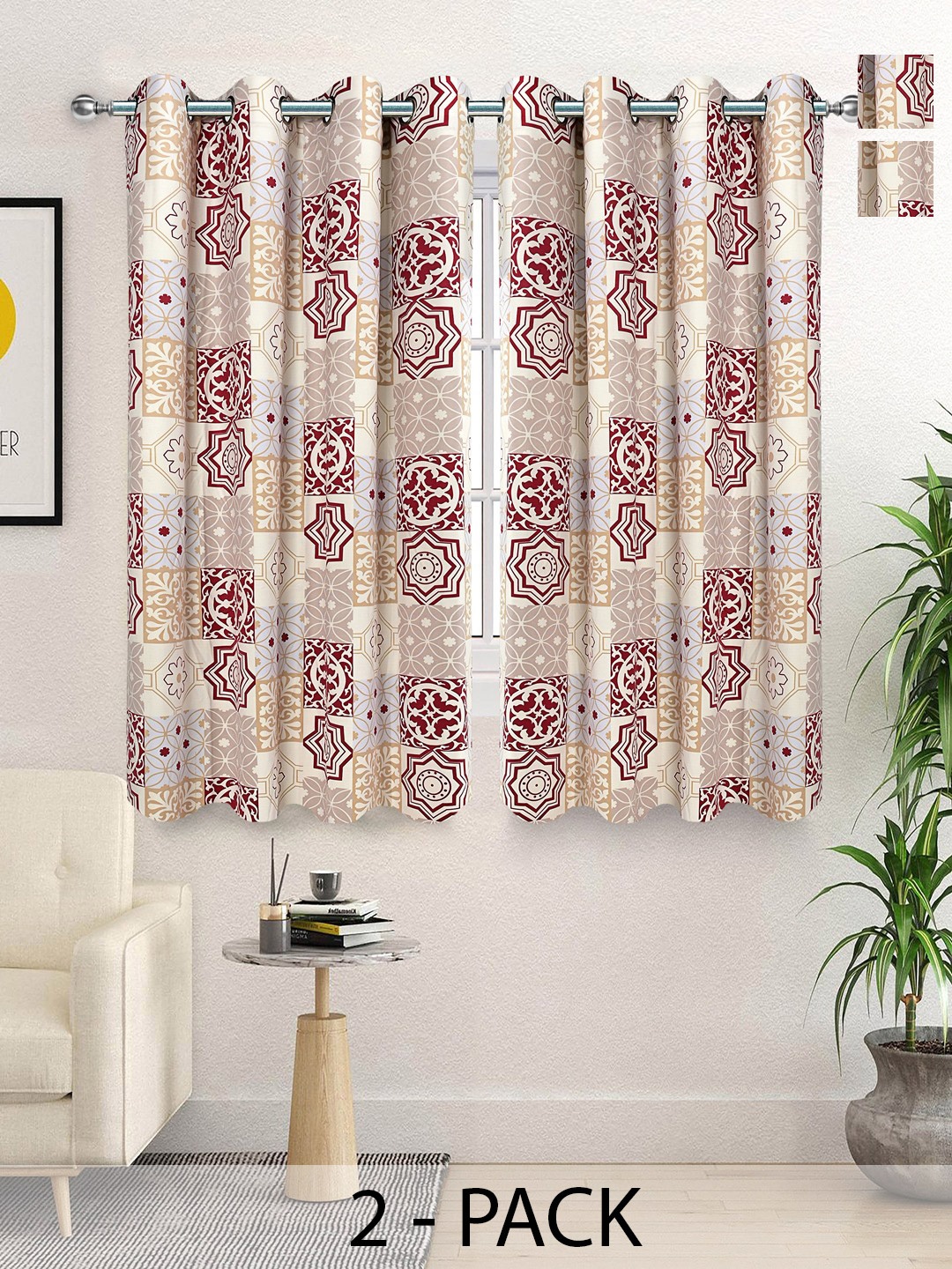 

Saral Home Beige & Maroon 2 Pieces Ethnic Motifs Room Darkening Velvet Window Curtain