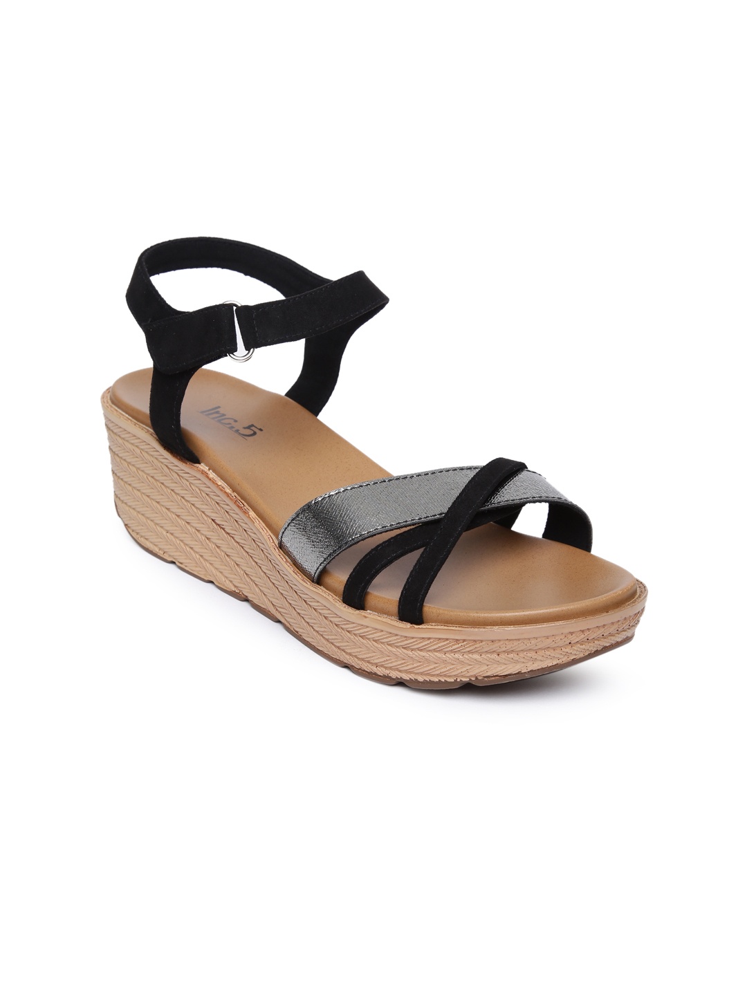 

Inc 5 Women Black & Gunmetal-Toned Colourblocked Sandals