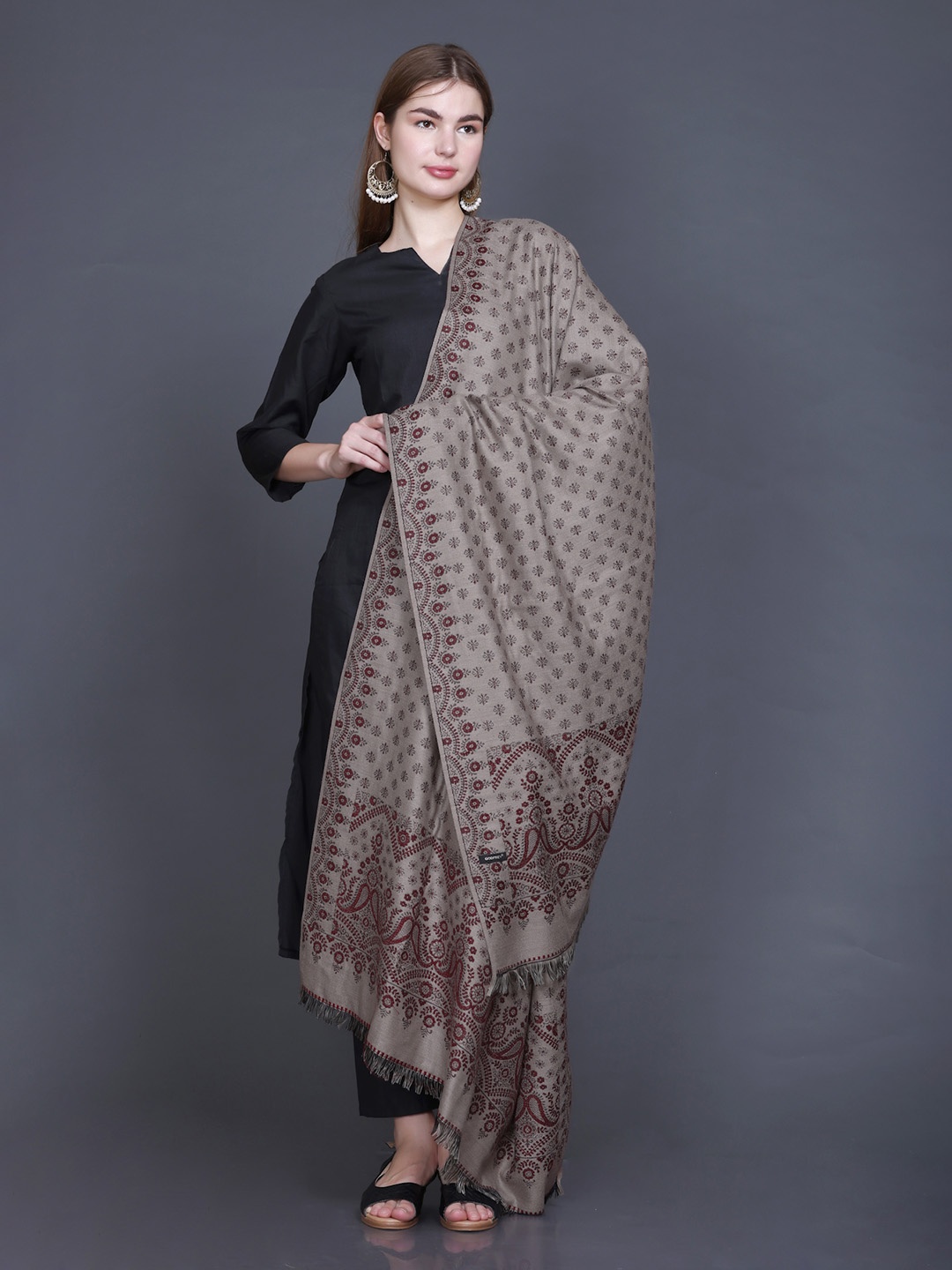 

GODFREY Floral Woven Design Woolen Shawl, Beige