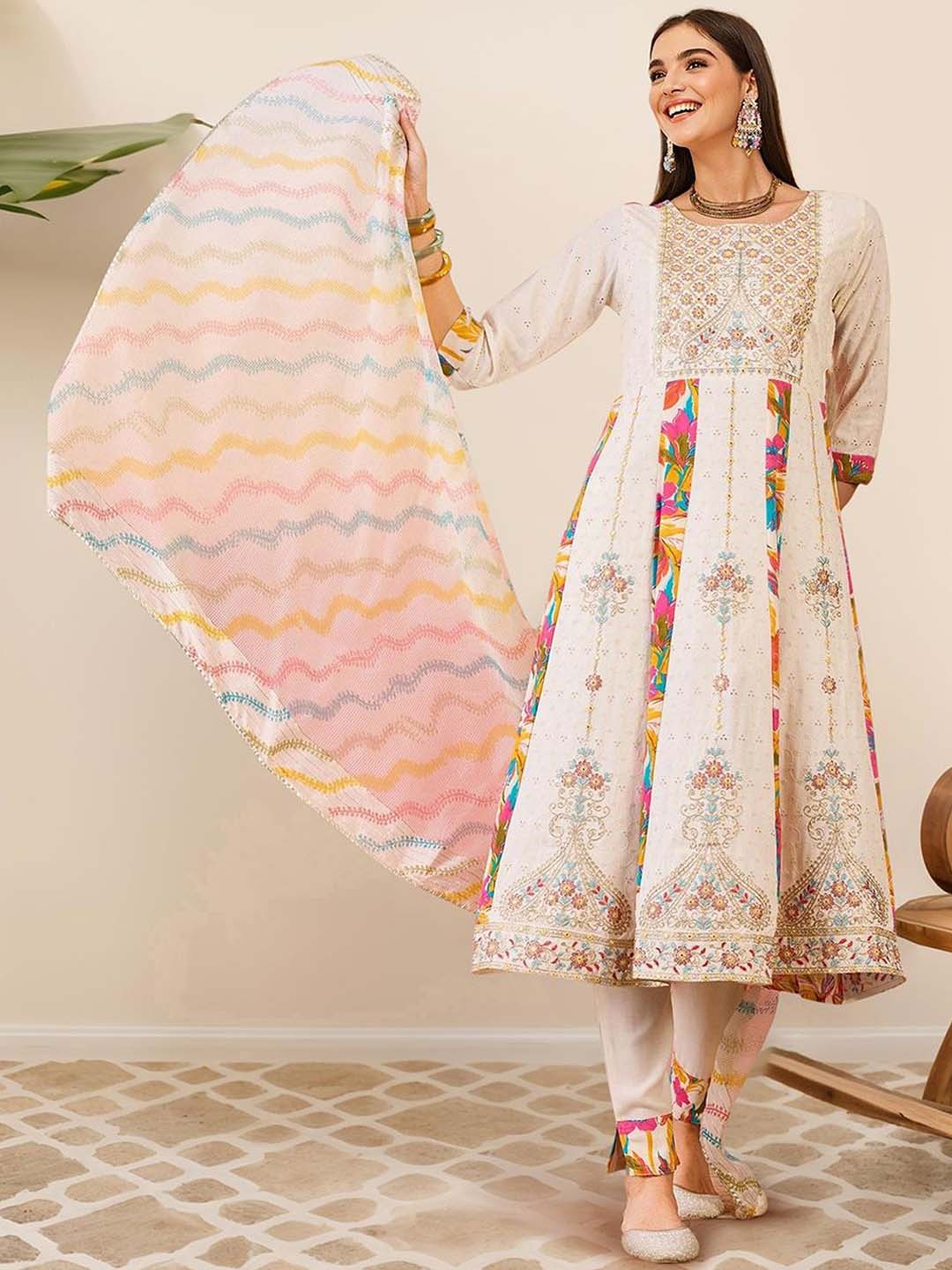 

Ishin Floral Printed A-Line Mirror Work Kurta with Trousers & Dupatta, White